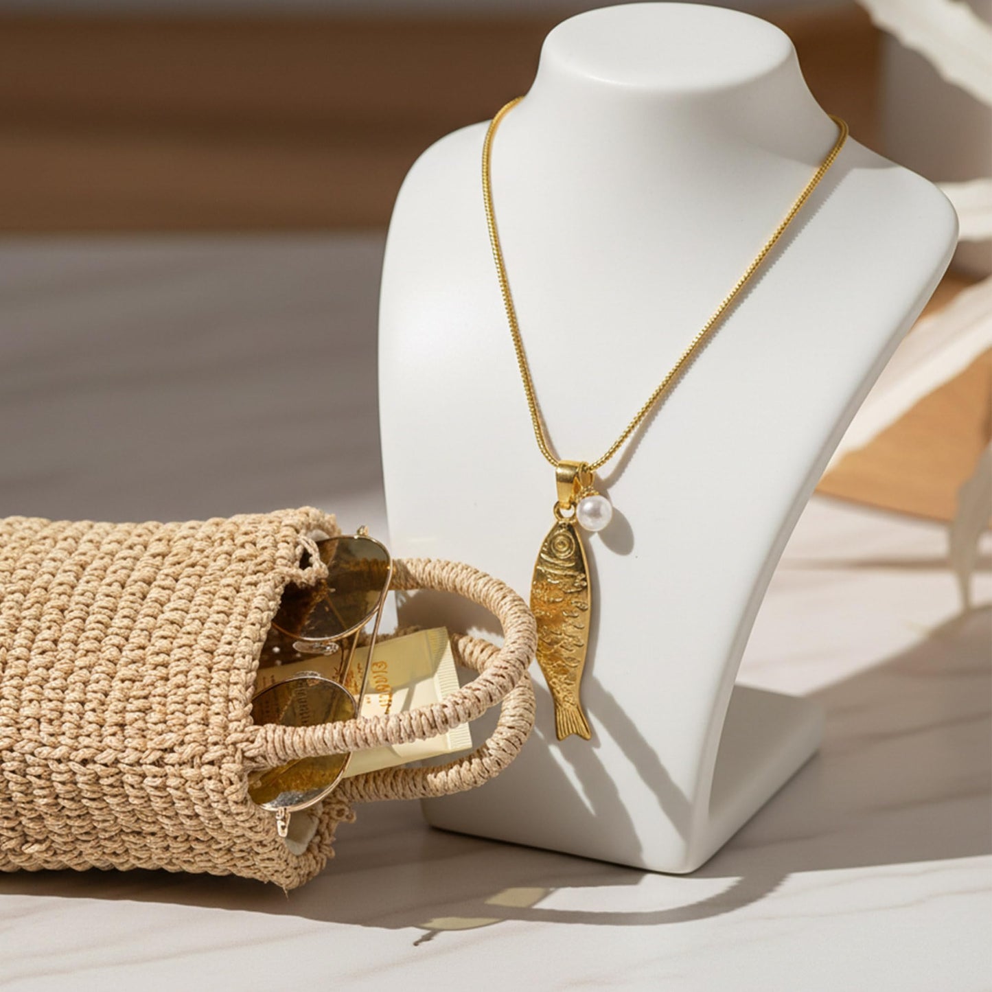 GLUBU 14K Gold Plated Fish Necklace for Women Ocean Inspired Beach Necklace Summer Pearl Necklaces Elegant Jewelry Gift