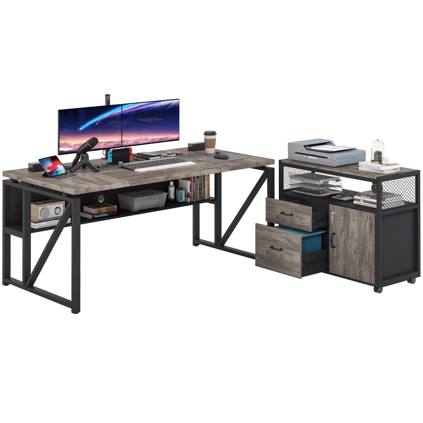 Tribesigns L Shaped Desk with Drawer Cabinet, 63" Executive Computer Desk and lateral File Cabinet, 2 Piece Home Office Furniture with Drawers for Hanging File, Doors with Locks (Gray, 63 inches)