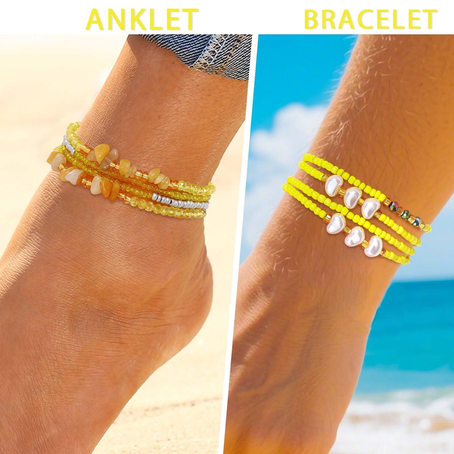 ELABEST Adjustable Handmade Waist Beads Stretchy 23-52 inch 8Pcs Chakra Body Belly Beaded Women Waist, Anklet, Bracelet, Necklace Jewelry with Screw clasp (Yellow, 31.5inch/80cm)