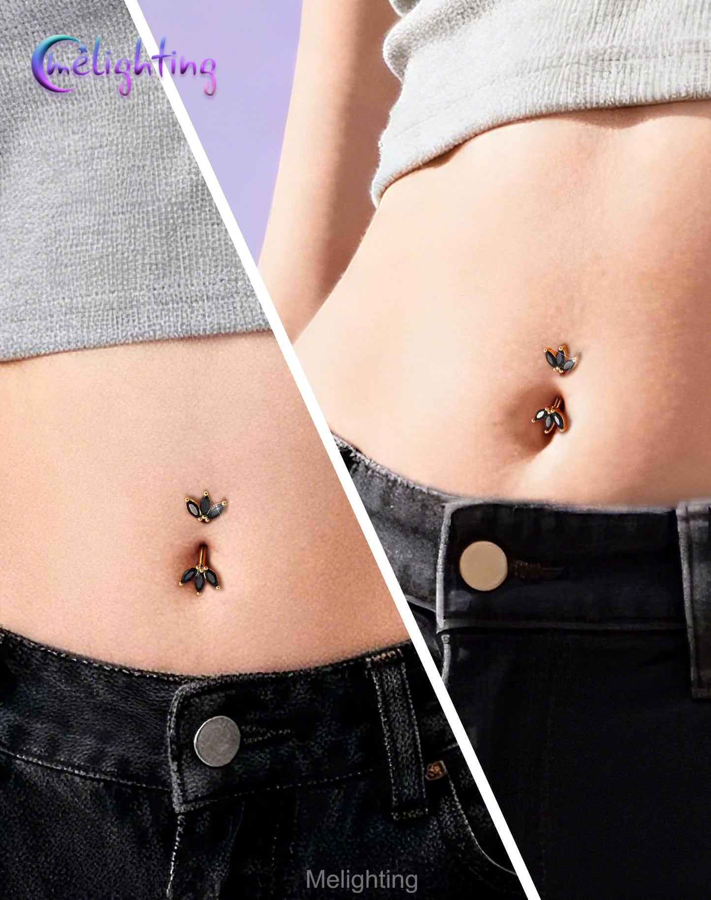 Melighting 14G Gold Lotus Belly Button Ring, Black CZ Navel Ring 316L Surgical Stainless Steel Marquise 5A CZ Belly Bar 8 mm
