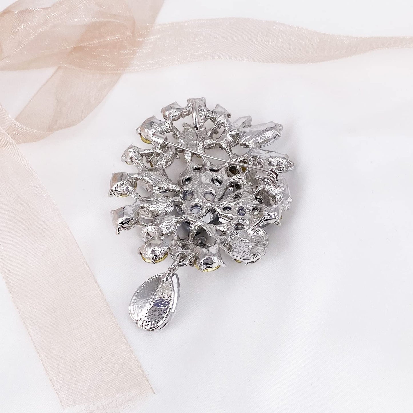LAXPICOL Wedding Bridal Big Clear Crystal Rhinestone Bouquet Teardrop Brooch Pin for Women Silver Tone