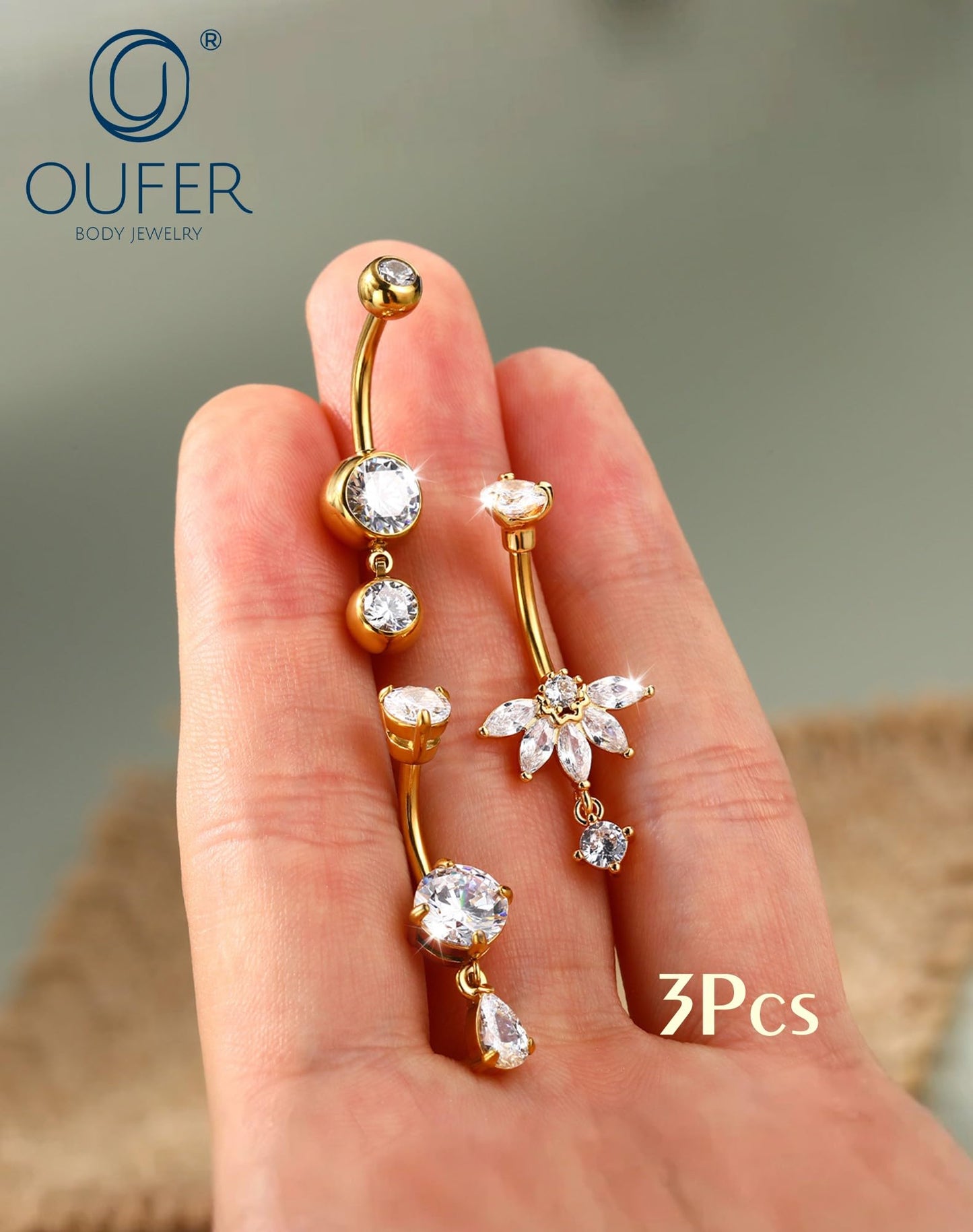 OUFER 3PCS Gold Dangle Belly Button Rings, 316L Surgical Steel Belly Rings for Women Dangling, 14G Flower Crystal Navel Piercing Jewelry, Clear CZ Curved Barbells