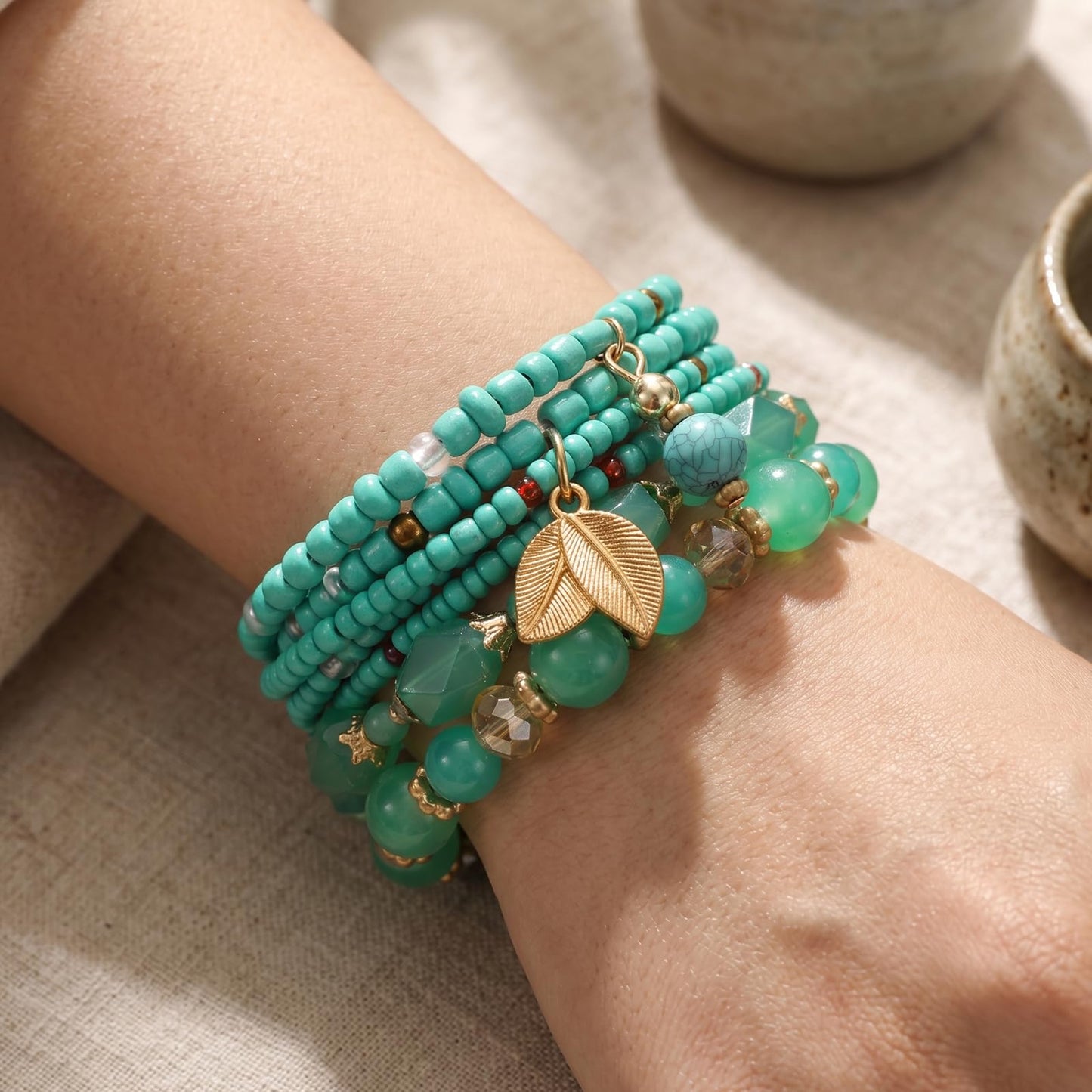 Briutn Turquoise Beaded Bracelet for Women Stackable Gold Leaf Charm Stretch Bracelets Boho Summer Beach Jewelry