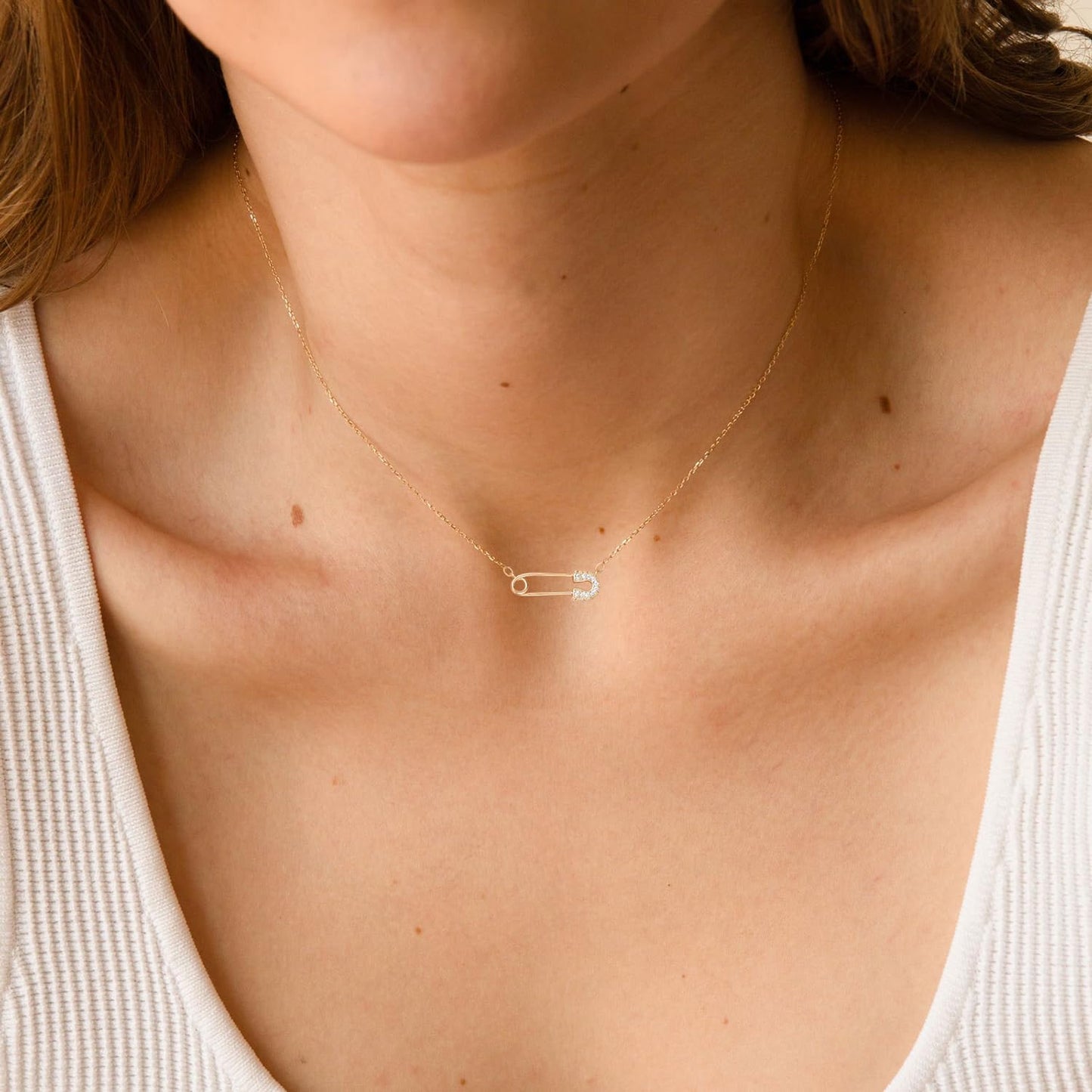 BSGRL Gold Necklace: 14K Gold Plated Dainty Safety Pin Necklace for Women Paved Cubic Zirconia 16.5”+2” in