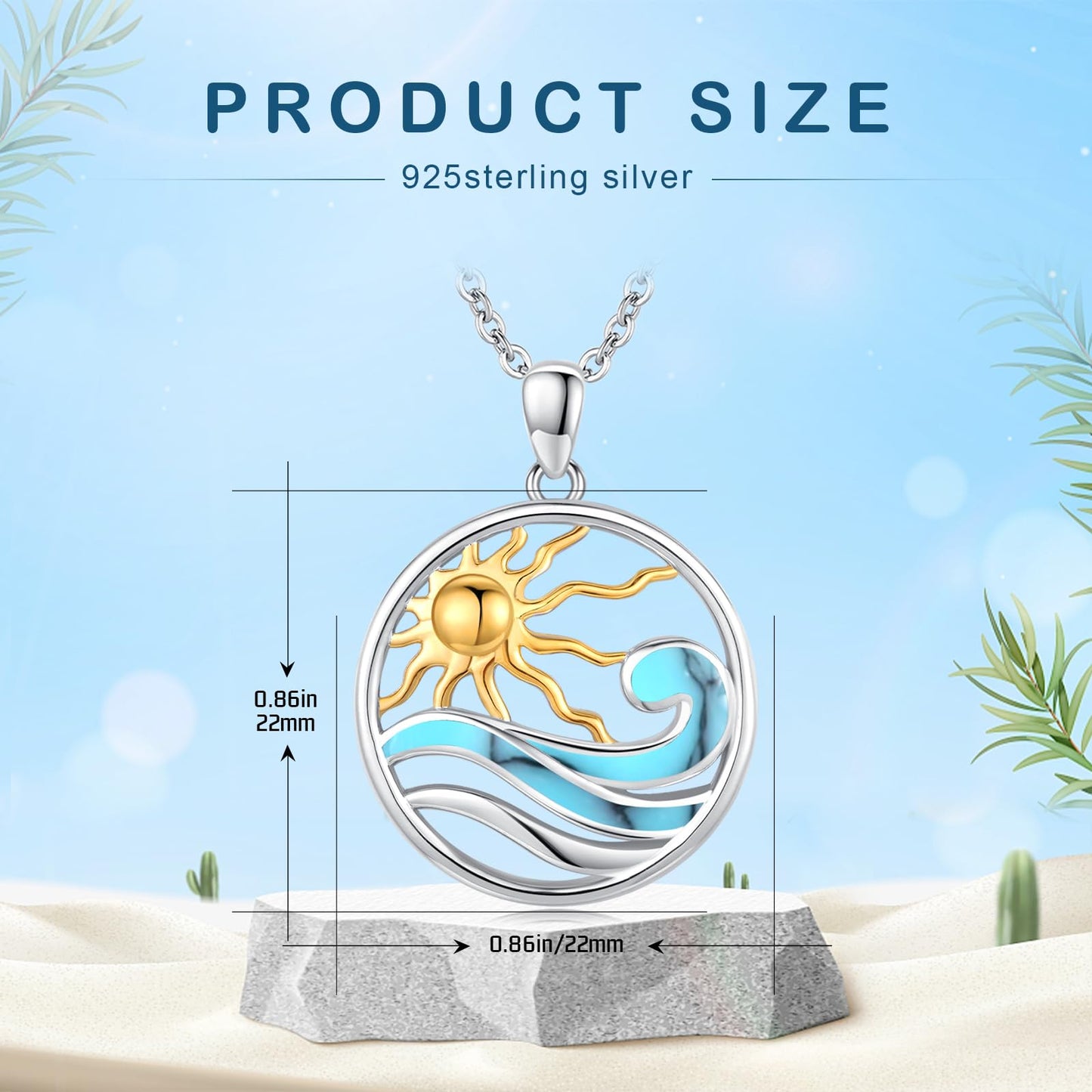 Midir&Etain Ocean Wave Necklace 925 Sterling Silver Sunburst Gold Sun Necklace Sea Surf Necklace Beach Themed Gifts Ocean Jewelry for Women Prime