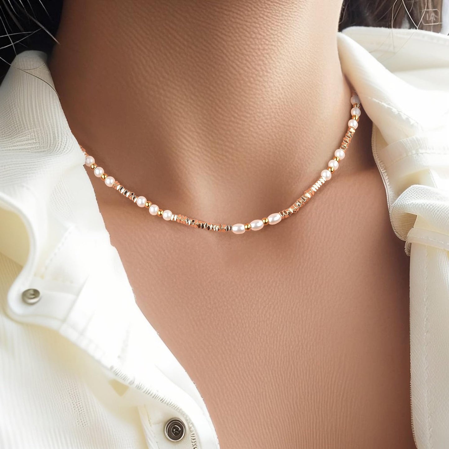 Sparking Gold Lmitatuon Pearl Necklace Beach Jewelry Pearl Summer Necklaces For Women (Golden)