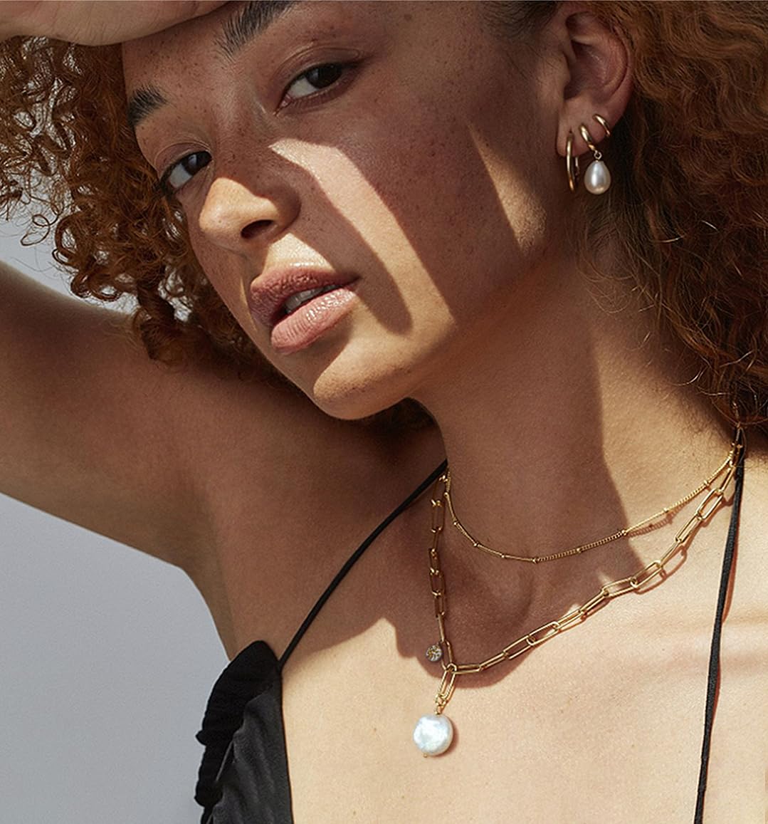 Flat Coin Pearl Pendant Necklace, 18k Gold Plated Paperclip Chain Necklace, Dainty Star Charm Necklace