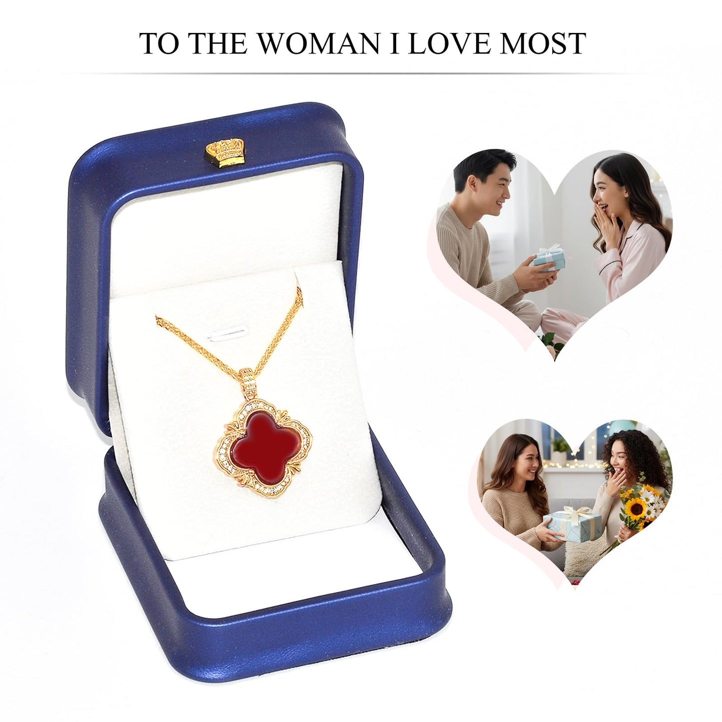 Tessalyn Four Leaf Clover Necklace for Women Gold Plated Lucky Red Agate Pendant with Sparkling Zirconia Elegant Jewelry for Daily Wear and Parties Gift Box Included