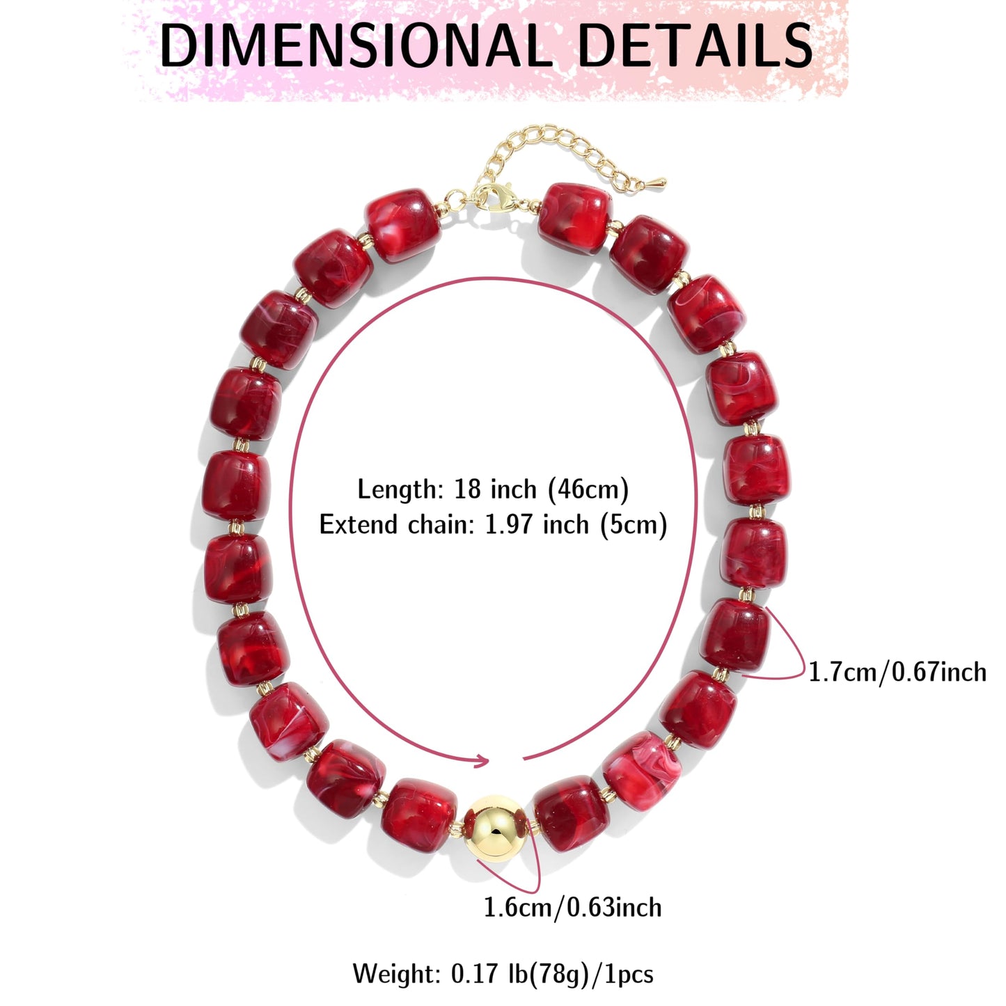BREPINE Deep Red Chunky Necklaces for Women Multicolored Large Square Resin Beads Necklace Trendy Bold Statement Beaded Summer Candy jelly Vacation Choker