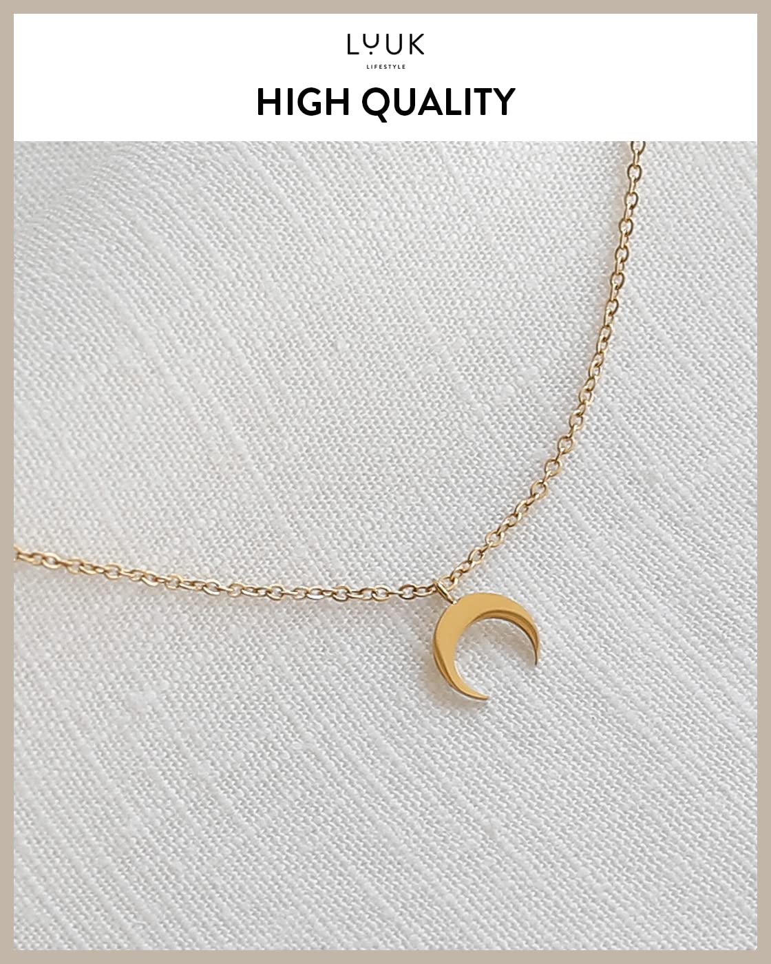 LUUK LIFESTYLE Necklace for women with crescent moon pendant, HAPPINESS gift card, modern and minimalist fashion accessory, 19” length, jewelry for everyday wear, layer look, good luck charm, gold