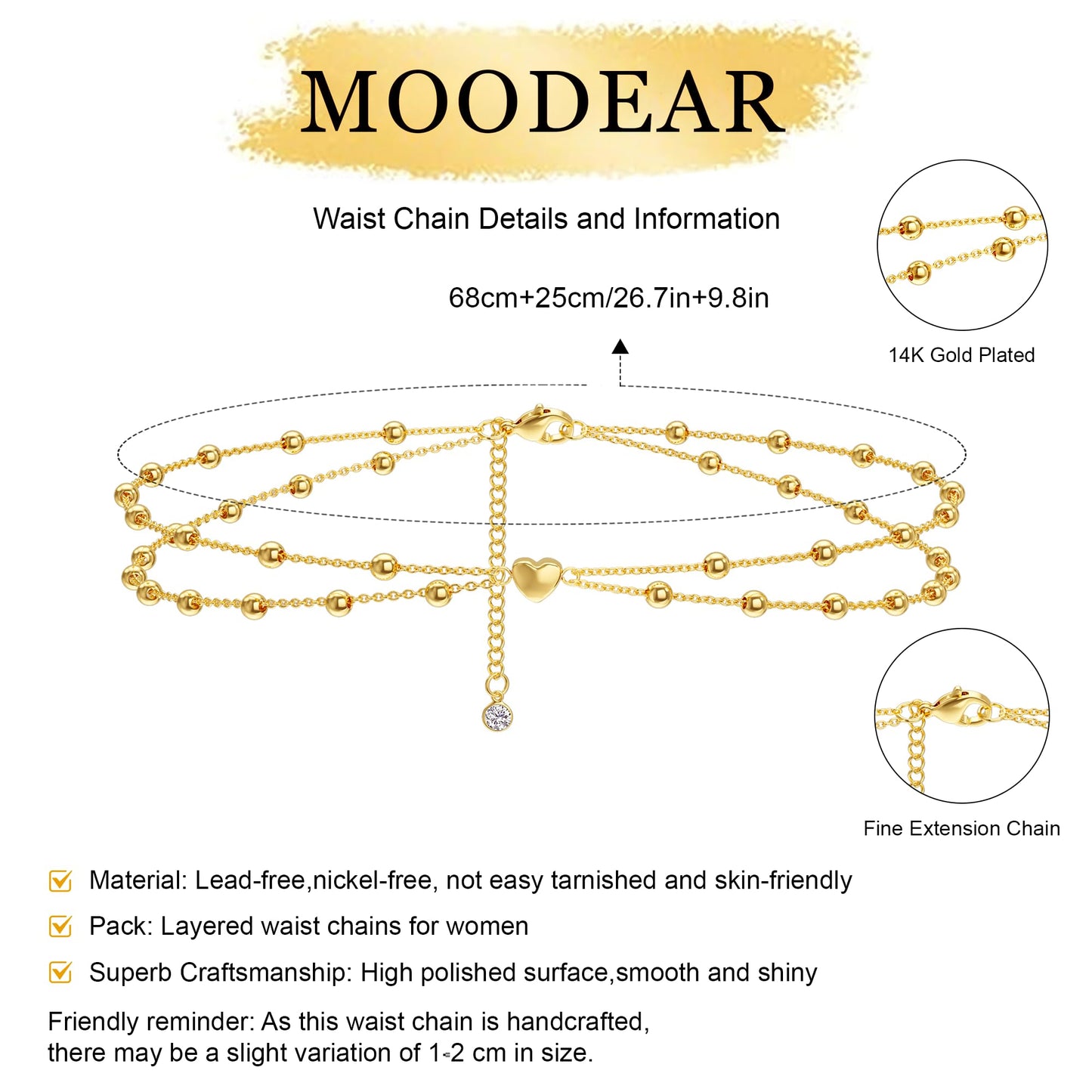 MOODEAR 14K Gold Plated Waist Chain for Women – Double Layered Belly Bead Body Chain Belt with Heart Charm, Waterproof Summer Beach Jewelry for Bikini, Dress & Vacation