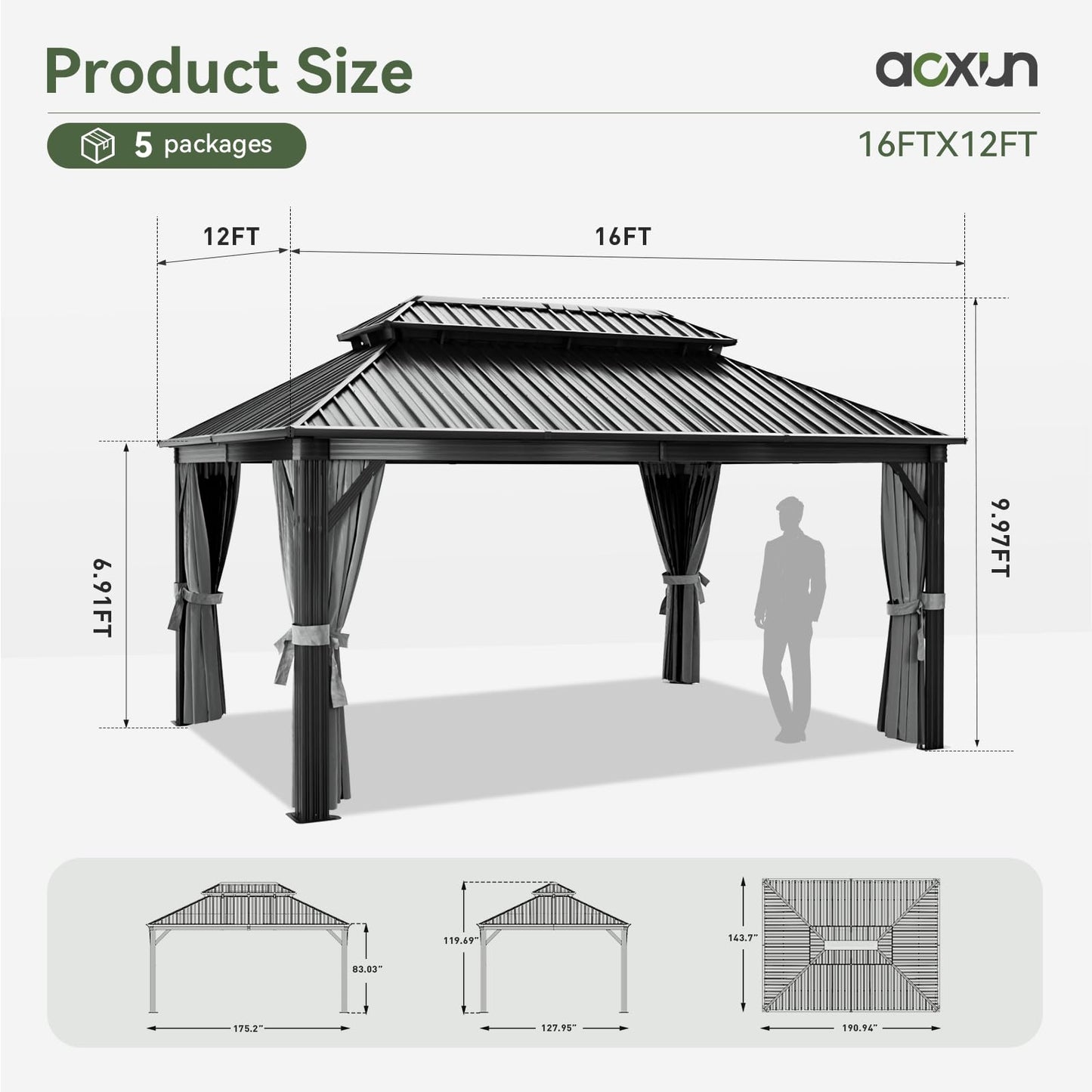 Aoxun 12FT X 16FT Hardtop Gazebo, Outdoor Pergolas with Mosquito Netting and Curtains, Galvanized Steel Double Roof Permanent Metal Gazebo, for Gardens, Decks, Patios, Parties