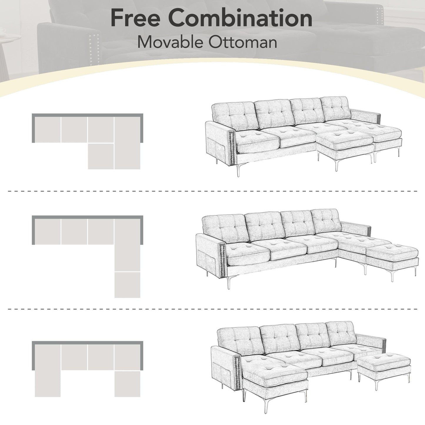 P PURLOVE Velvet Modern Large Sectional Sofa, U Shape Upholstered Couch with Chaise, Convertible Sofa Couch with Movable Ottoman for Living Room Apartment (Black)