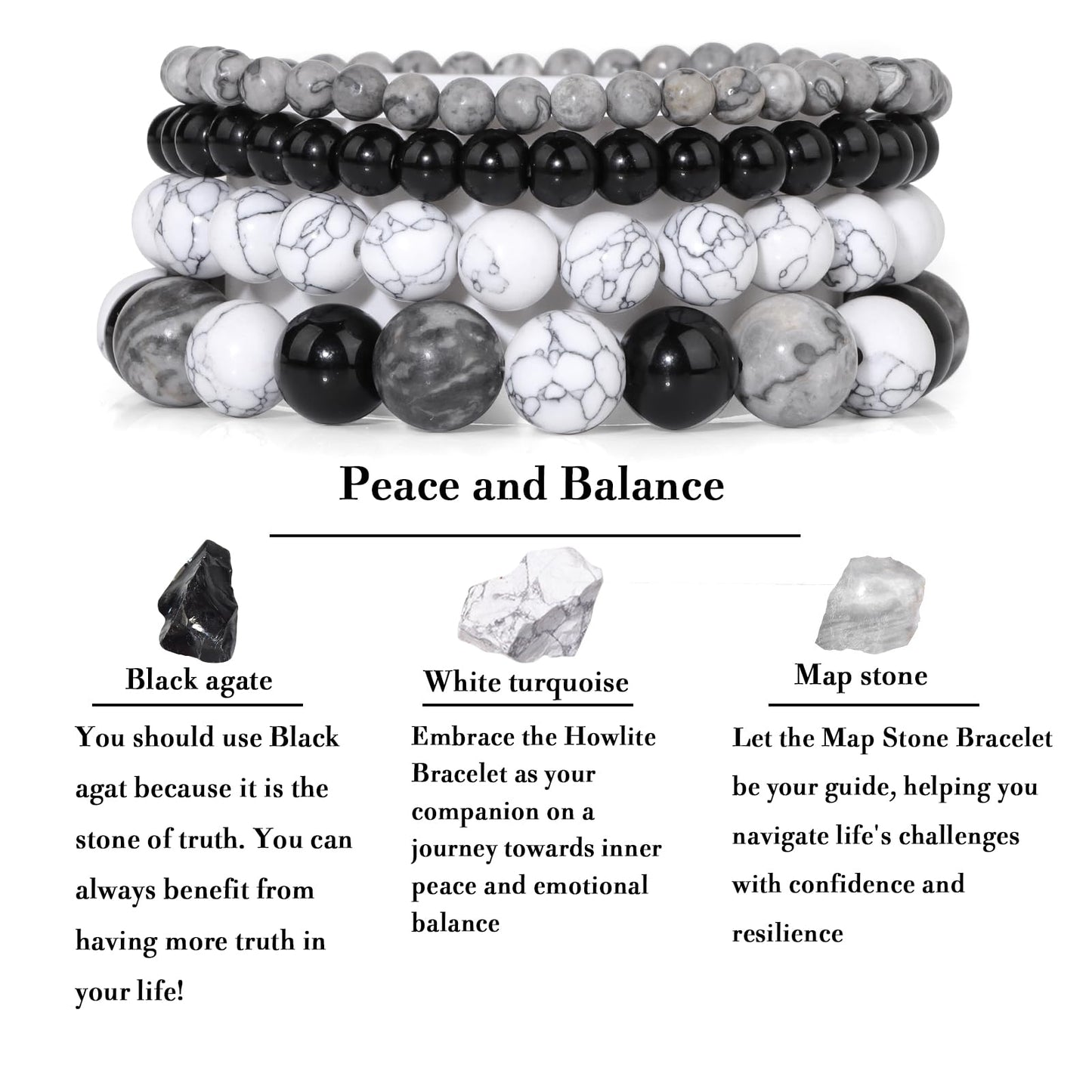 Vinswet 4pcs Natural Stone Beaded Bracelets for Women Men,Healing Crystal Gemstones Stretch Bracelet,4mm 6mm 8mm 10mm Black agate Map stone White turquoise Anxiety Stress Relief Bracelet Jewelry Gifts