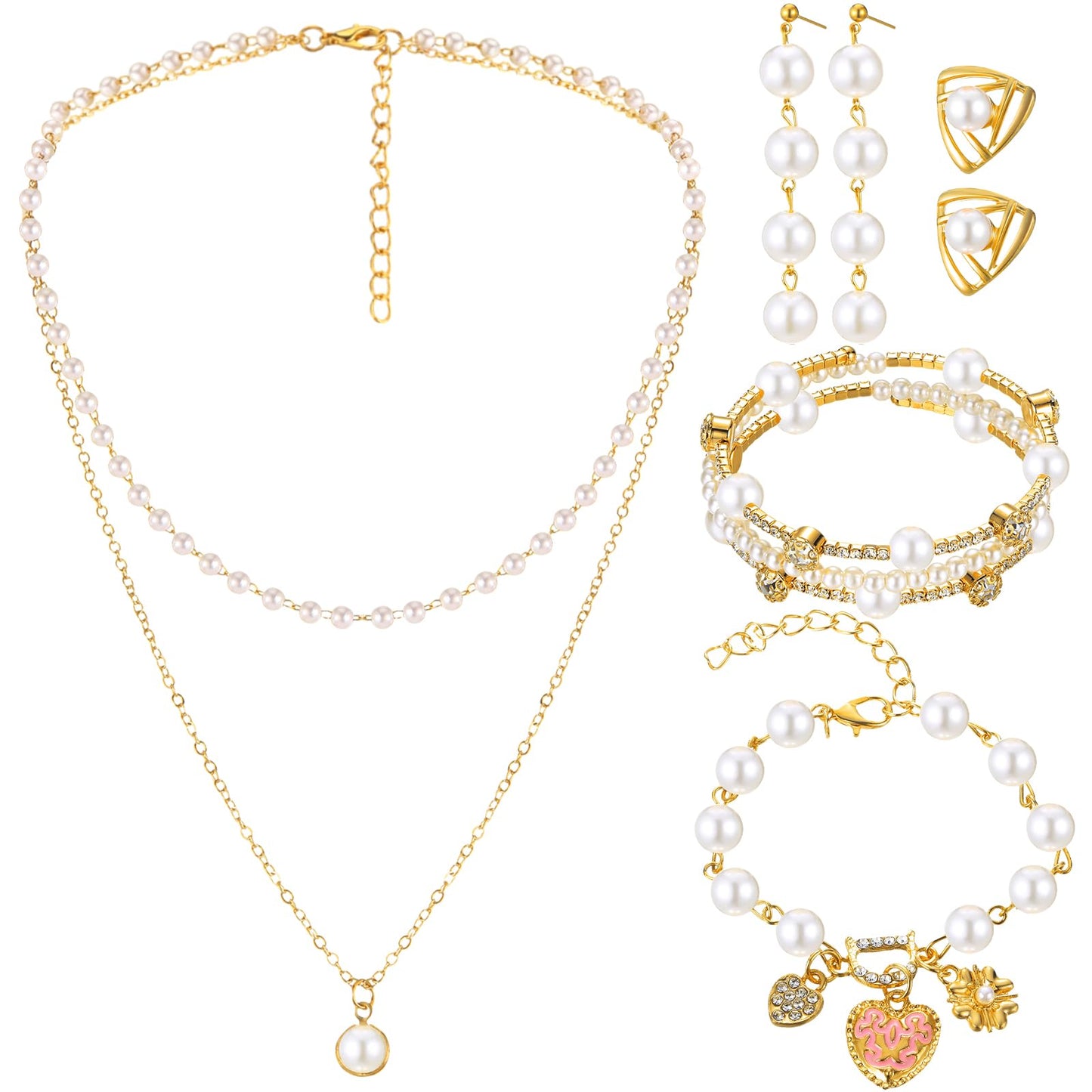 Glenmal Pearl Rhinestone Jewelry Set for Women Pearl Necklace Bracelet Earrings for Wedding Birthday Bridal Shower Tea Party(Stylish Style)