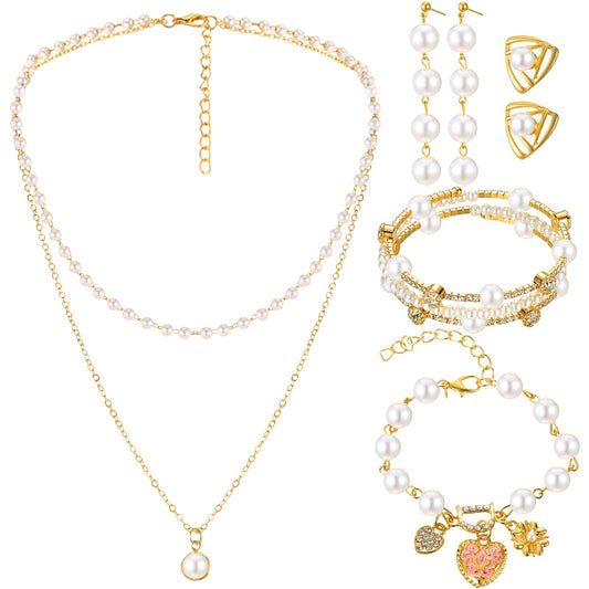 Glenmal Pearl Rhinestone Jewelry Set for Women Pearl Necklace Bracelet Earrings for Wedding Birthday Bridal Shower Tea Party(Stylish Style)