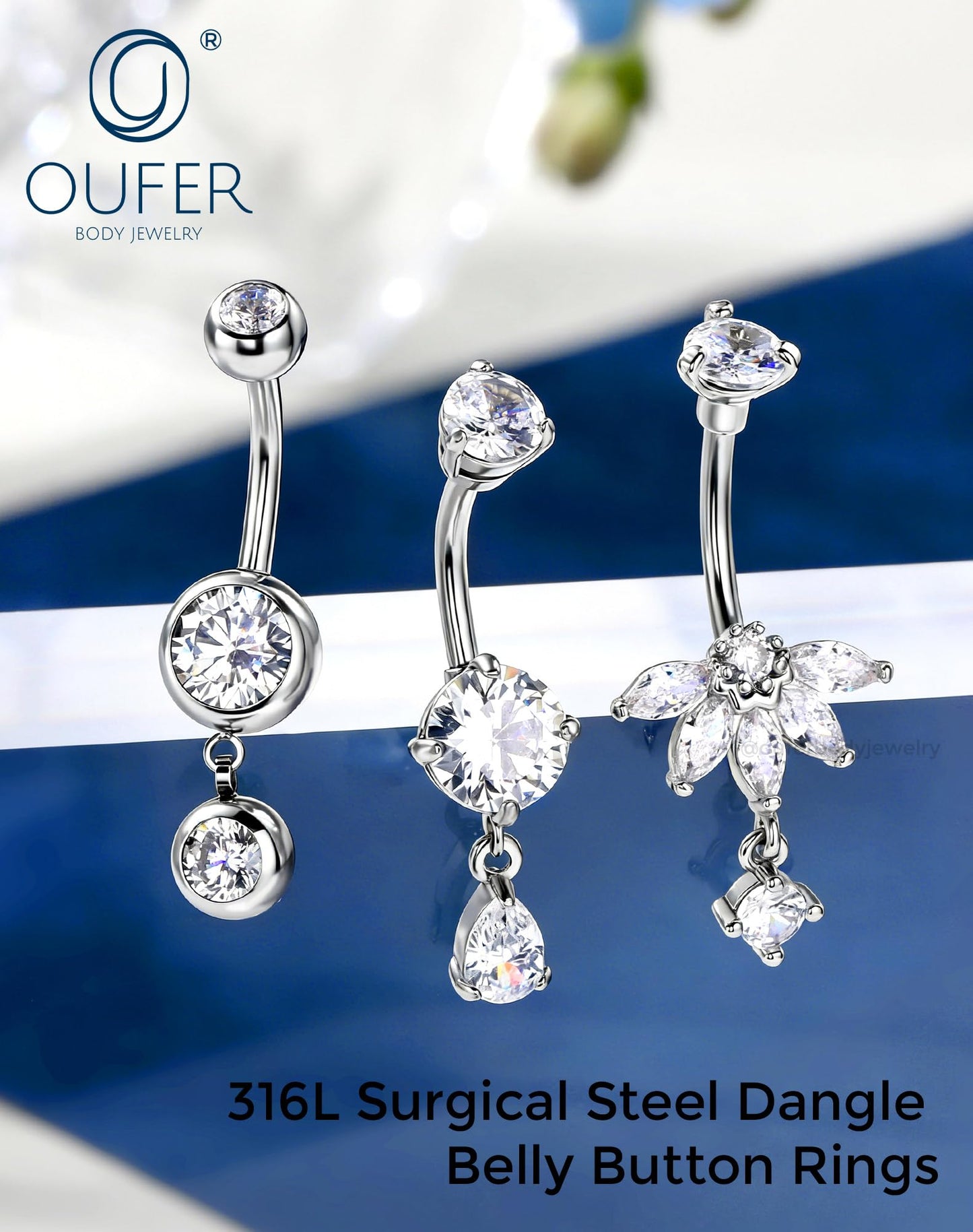 OUFER 3PCS Silver Dangle Belly Button Rings, 316L Surgical Steel Belly Rings for Women Dangling, 14G Flower Crystal Navel Piercing Jewelry, Clear CZ Curved Barbells