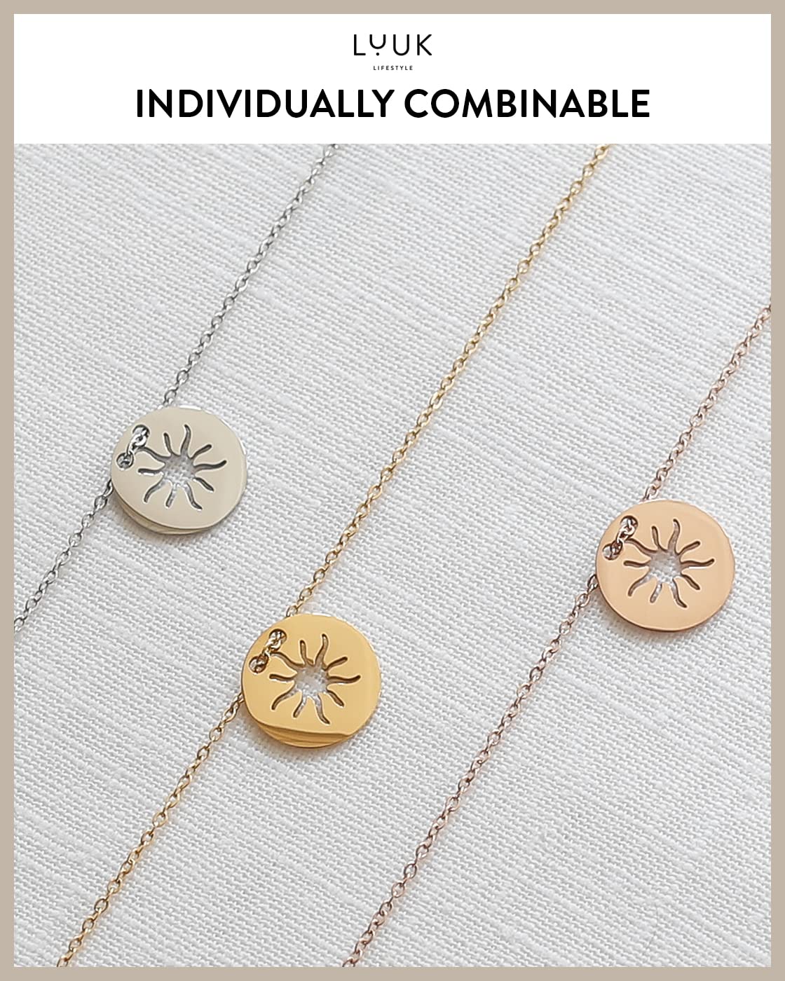 LUUK LIFESTYLE Necklace for women made of quality stainless steel with sun pendant and HAPPINESS gift card, modern and trendy jewelry for summer, Mediterranean sign of vitality, lucky charm, silver