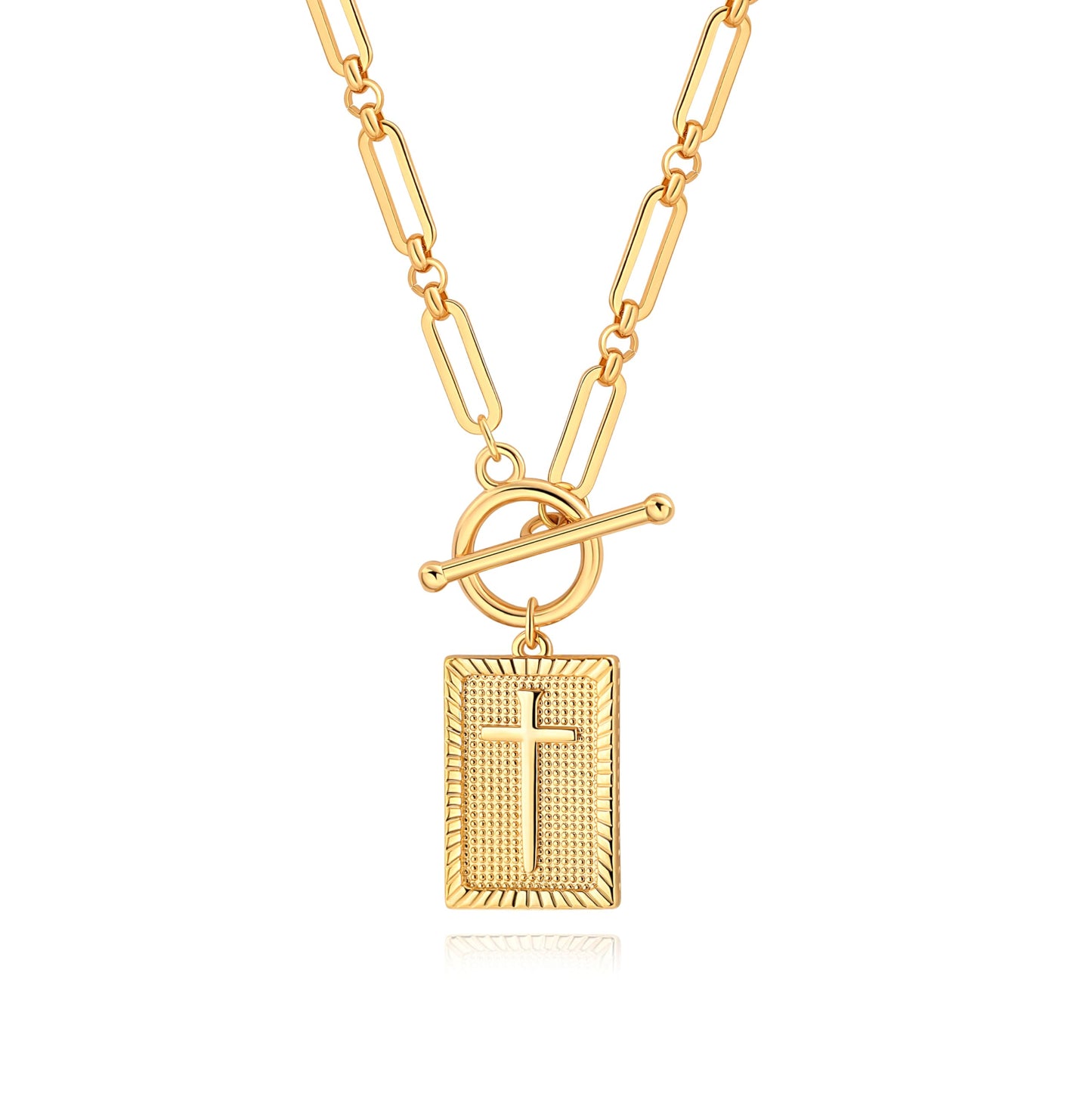PEARLADA Chunky Cross Necklace for Women, Statement 18k Gold Plated Paperclip Necklace with Toggle, Square Pendant Christian Jewelry