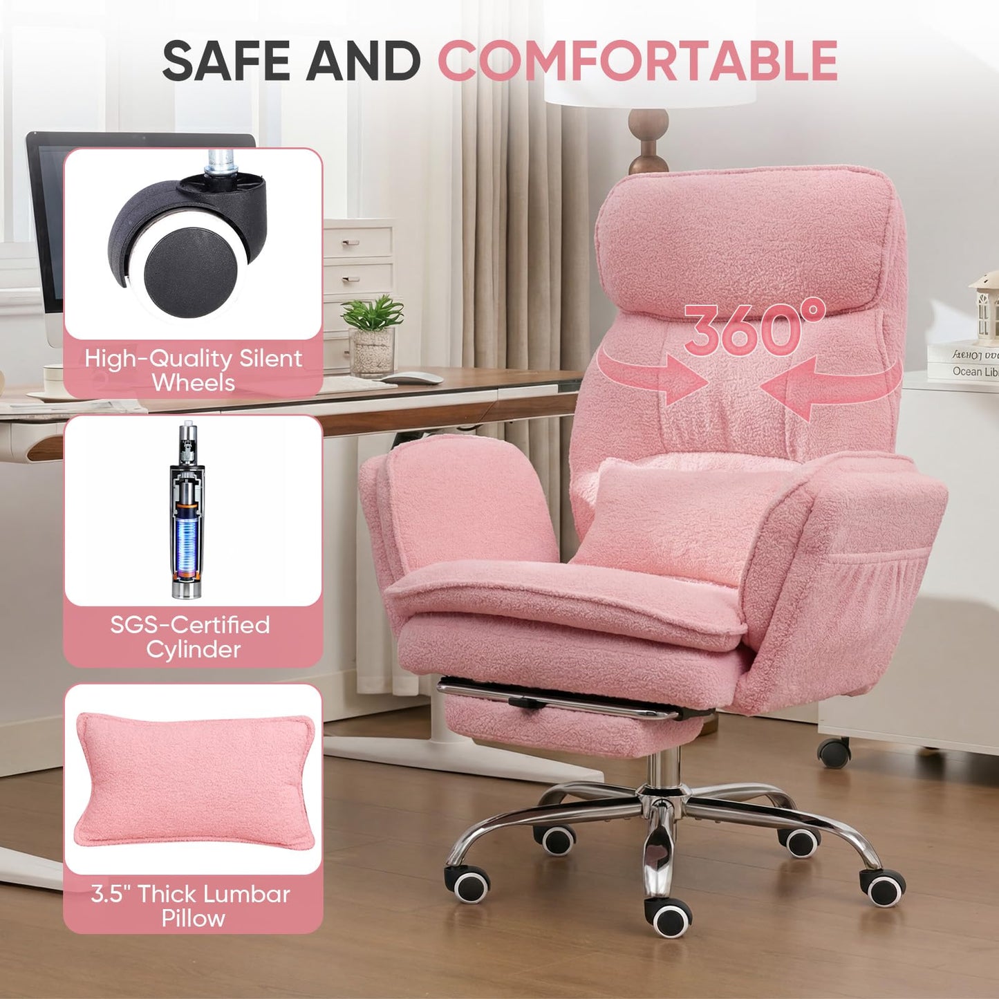 EGSEAT Big and Tall Office Chair with Flip Armrests, Cross Legged Office Chair with Storage Pockets, Comfortable Reclining Computer Chair with Foot Rest, Wide Home Desk Chair, Teddy Fleece, Pink