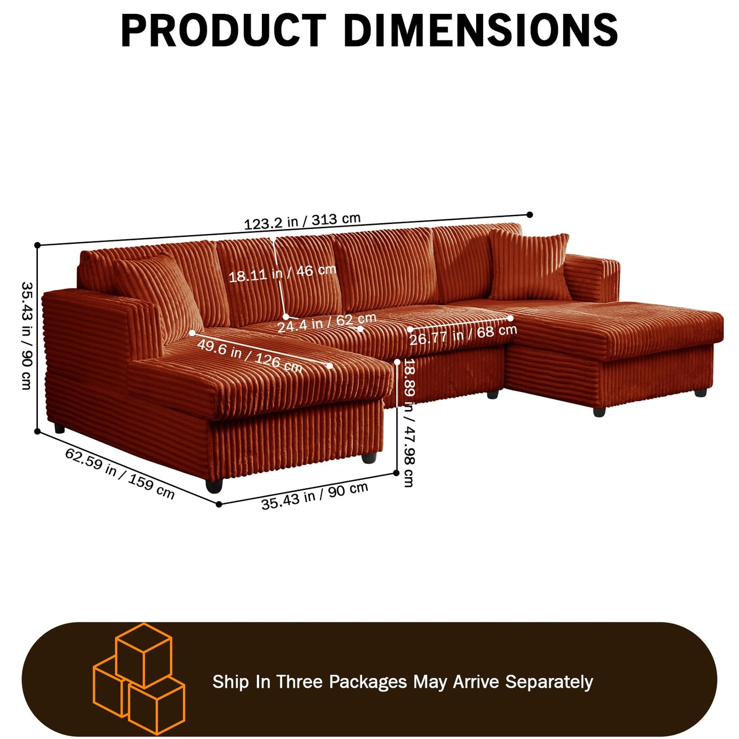 123" U-Shaped Modular sectional Sofa, Two L-Shape Chaise with 2 Cloud Couch sectional with Two Pillows, couches for Living Room (Darkbrown)