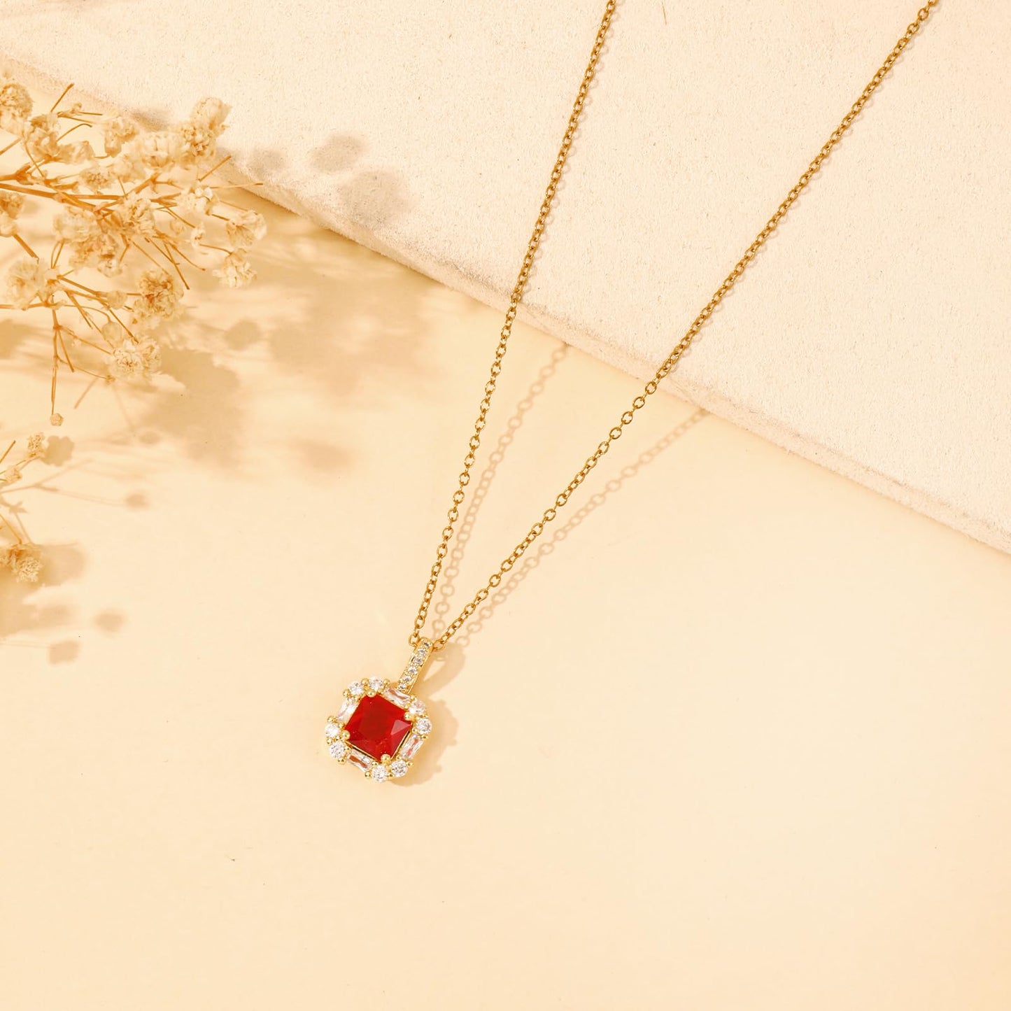 crataly Red Square Garnet Necklace for Women-Gold Plated January Birthstone Necklace For Valentines Day Mother's Day Christmas Birthday Gifts
