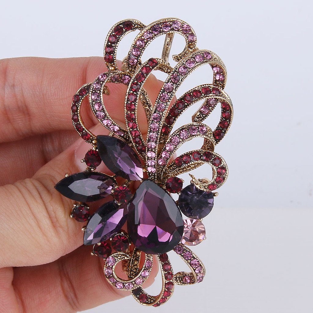 EVER FAITH Antique Gold-Tone Austrian Crystal Flower Ribbon Teardrop Brooch Pendant Purple