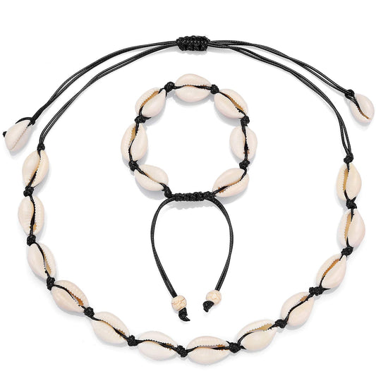 Starain 2Pcs Shell Necklace Anklet for Women Handmade Adjustable Puka Beach Shell Necklace Set