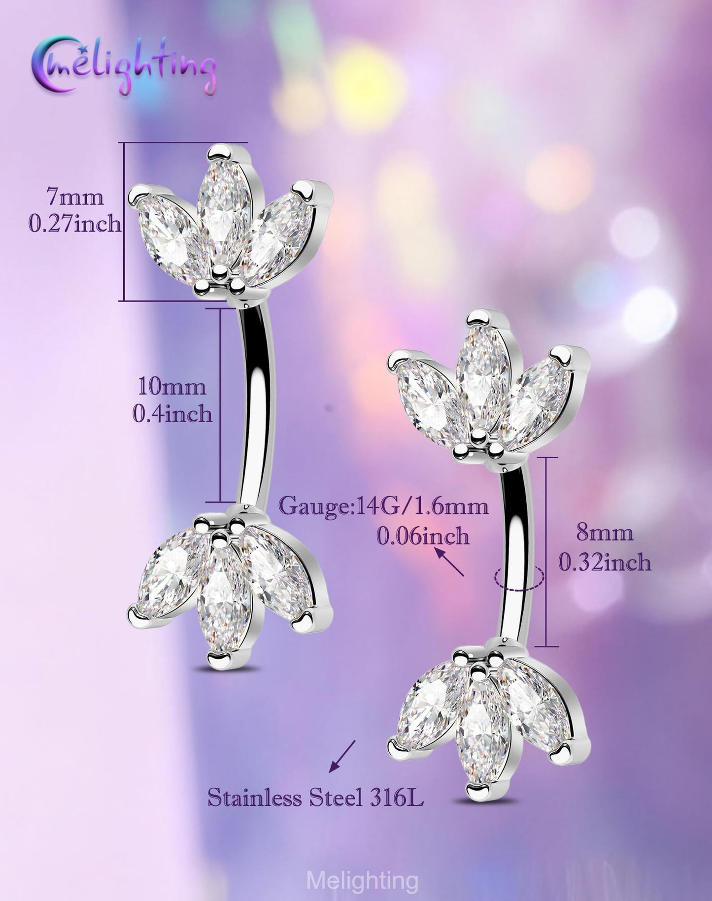Melighting 14G Lotus Belly Button Ring, Double CZ Navel Ring 316L Surgical Stainless Steel Marquise 5A CZ Steel Belly Bar 8 mm