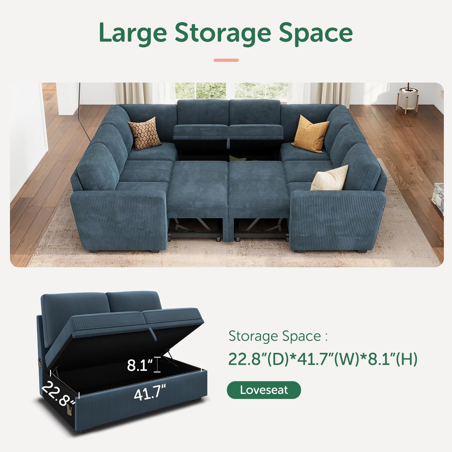 HONBAY Modular Sectional Couch with Pull Out Bed, Corduroy Sleeper Sofa with Storage Seats, U Shaped Sectional Couches for Living Room, Blue