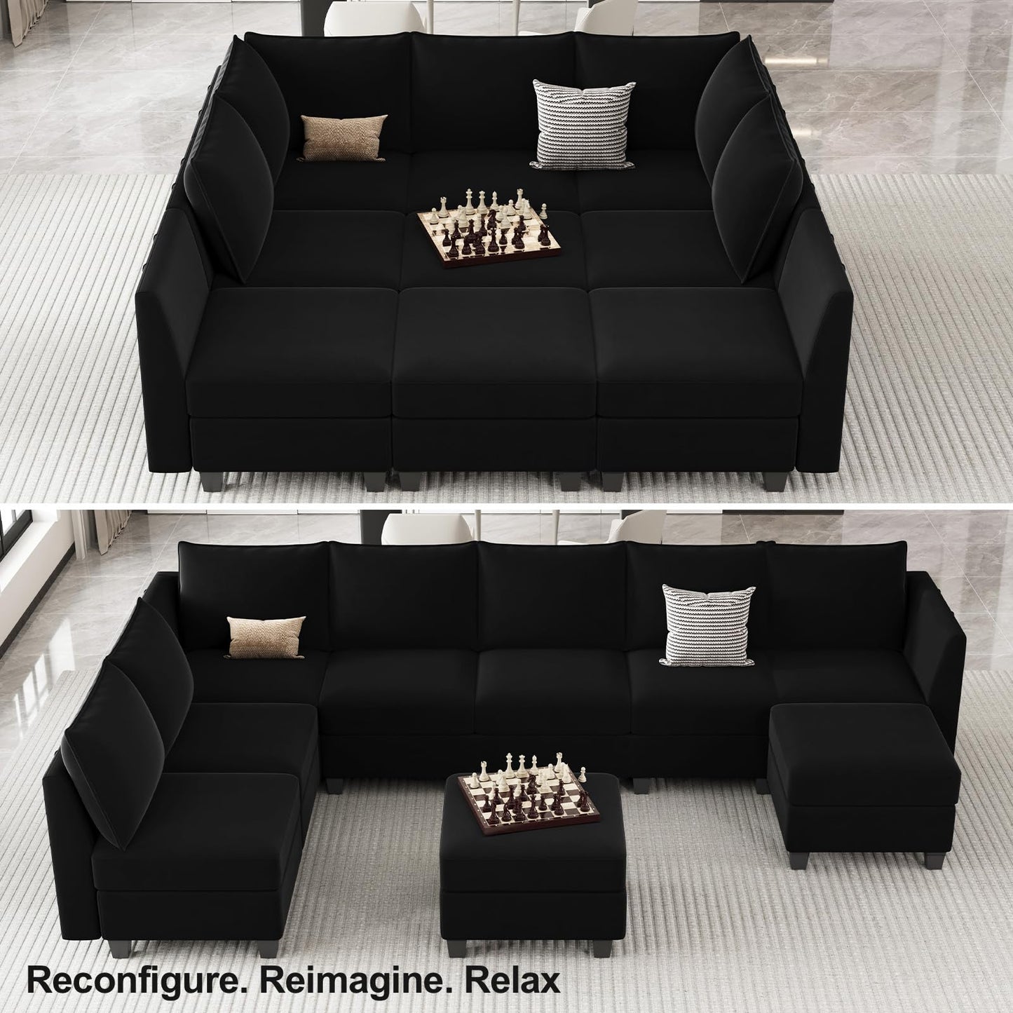 Belffin Large Modular Sectional Sofa Sleeper Couch with Storage Velvet Sectional Sofa Bed for Living Room, 9 Seats, Black