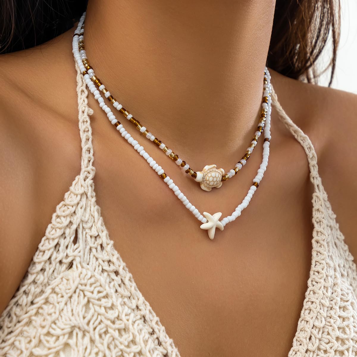 Sora Tuki Layered Starfish Necklace Beach Jewelry for Women Seashell Cowrie Puka Shell Necklaces for Women Beach Necklace Turtle Beaded Choker Necklaces Ocean Jewelry (2 - Beaded turtle)