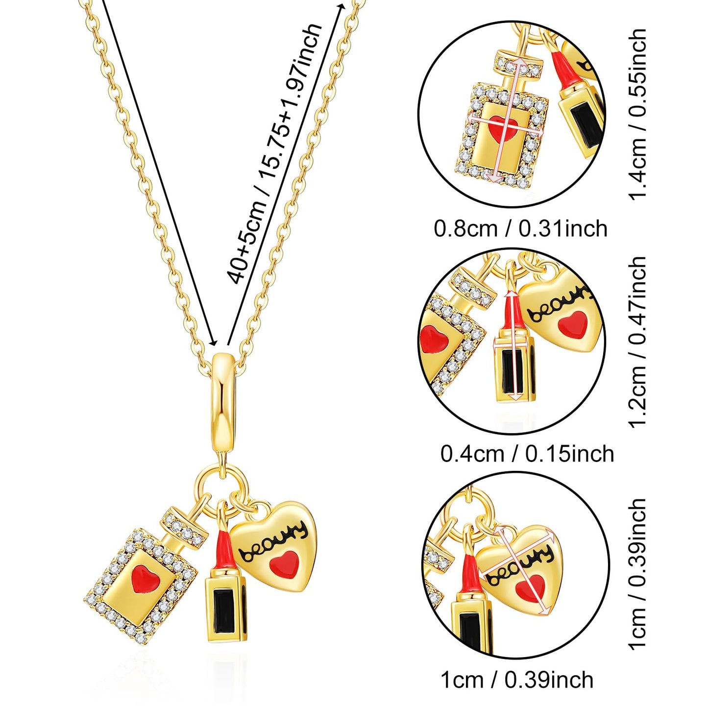 crataly Mini Makeup Enamel Necklace For Women-Gold Plated Lipstick Ornament Perfume Bottle Puffy Heart Combination Necklace For Graduation Valentines Day Mother's Day Christmas Birthday Gifts