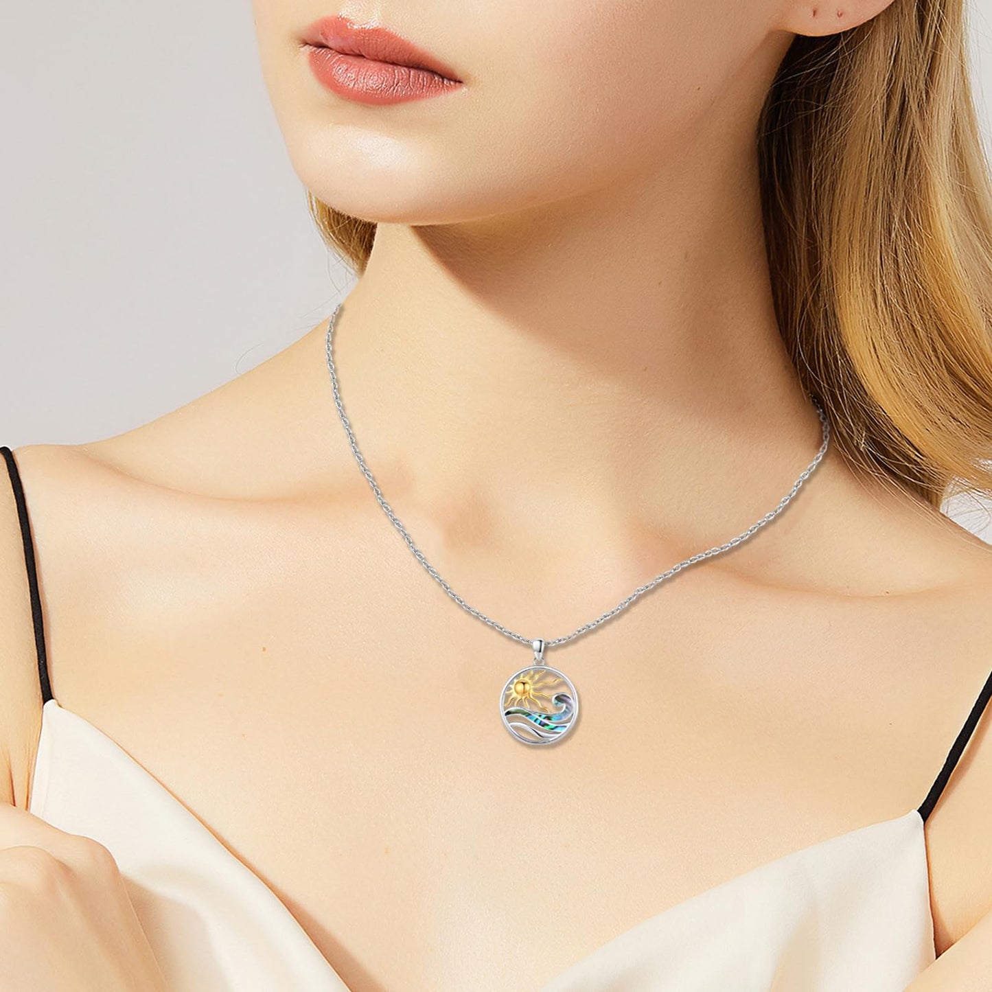 Midir&Etain Ocean Wave Necklace 925 Sterling Silver Abalone Shell Pendant Sun Necklace Ocean Surf Necklace Summer Hawaiian Beach Ocean Jewelry for Women