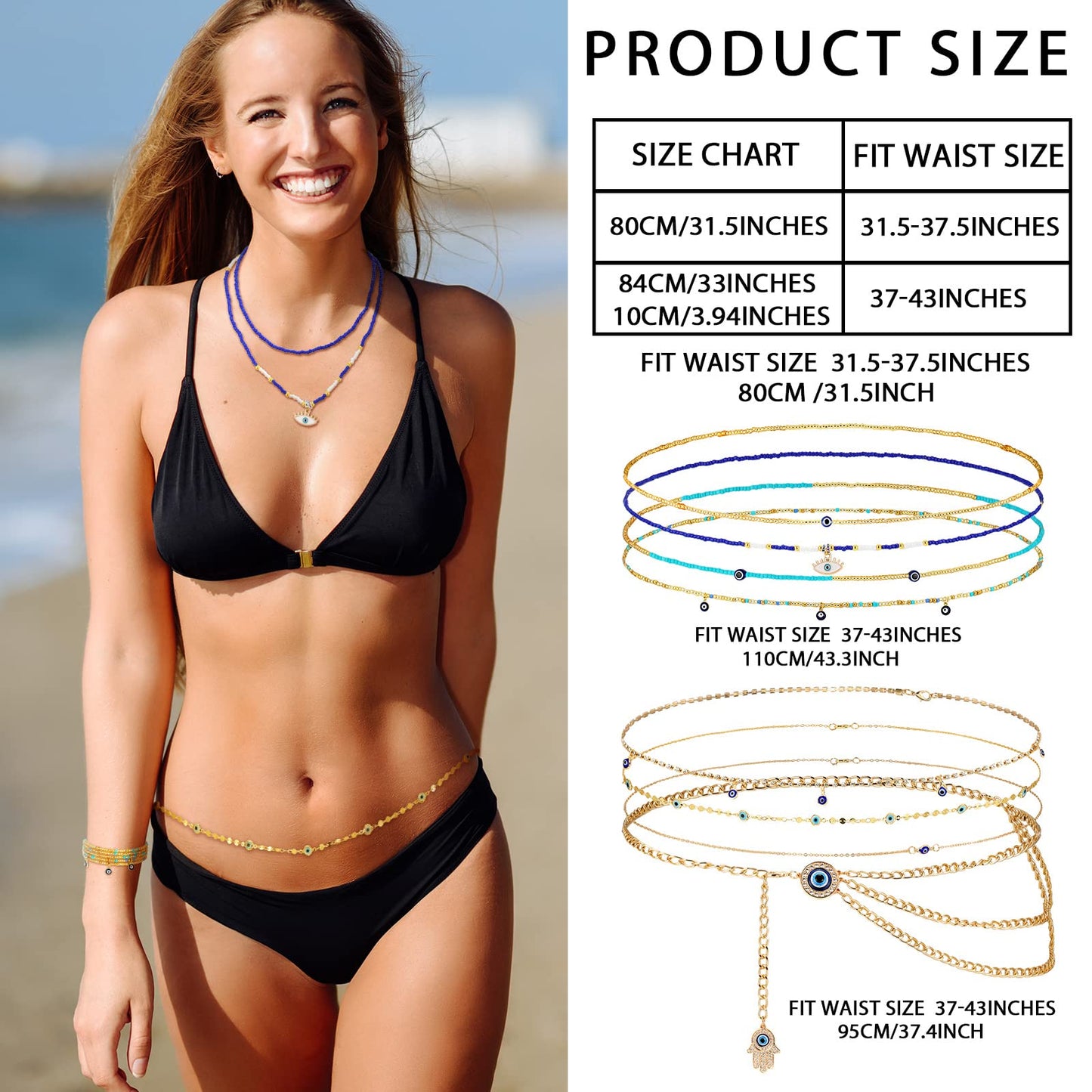 JenPen 8 Pcs Belly Chain Adjustable Waist Chain Summer Beach Bikini Waist Body Beads for Women Adults Multilayer(Delicate Style)
