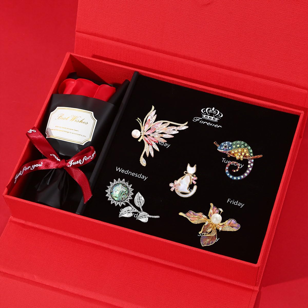 Flower and Animal Brooch Set Gift Box for Women Rhinestone Zircon Flower and Animal Pin Birthday Holiday Gift for Wife Girlfriend Mother