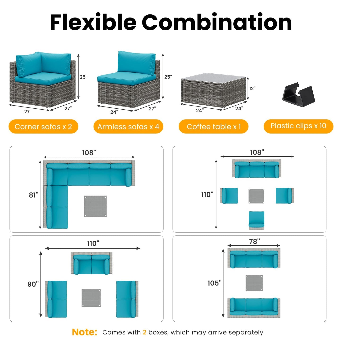 Wisteria Lane 7 Pieces Outdoor Patio Furniture Set, Wicker Outdoor Patio Sectional Sofas with Coffee Table, All-Weather Patio Conversation Set for Garden Backyard, Light Blue