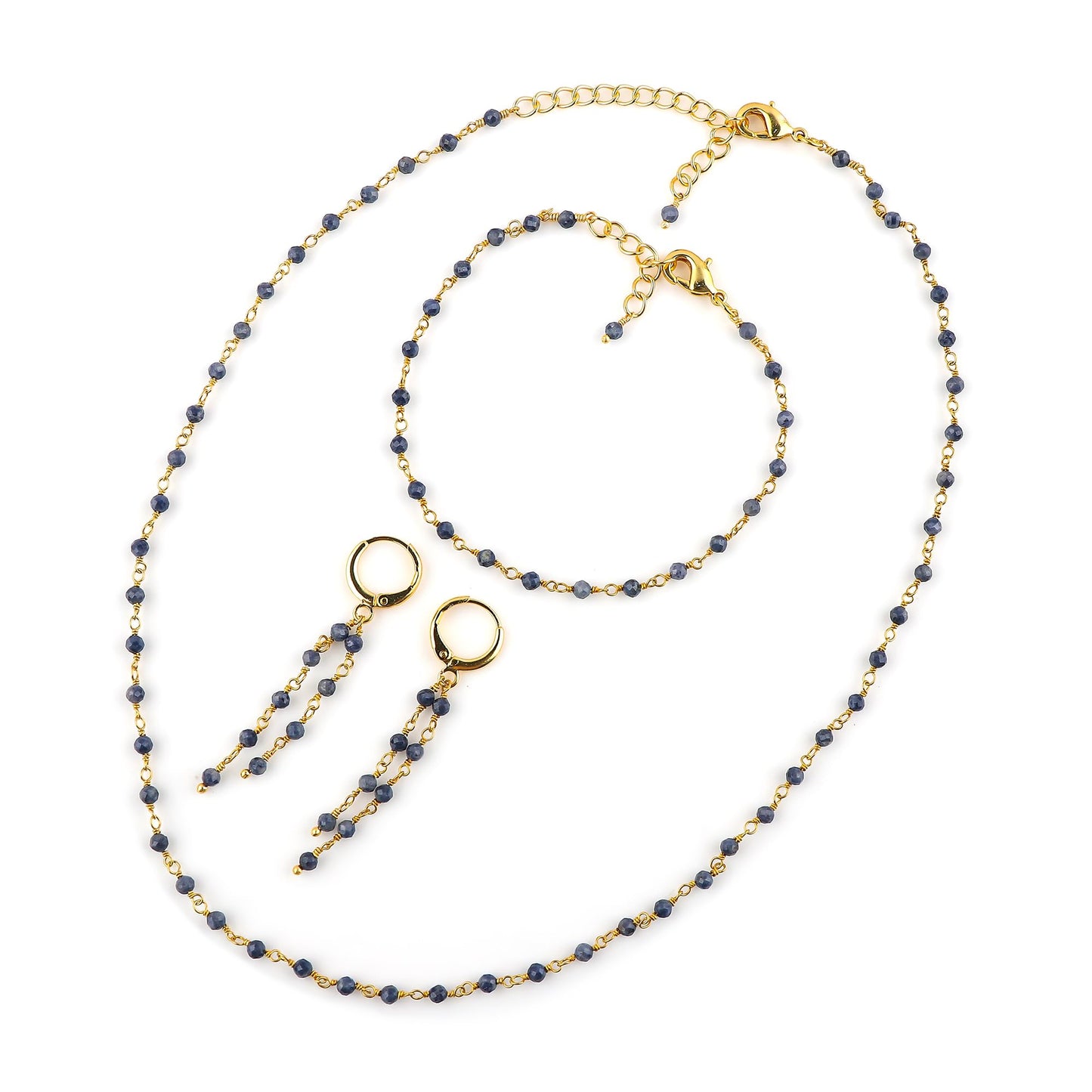CRYSTALINES (3pcs) Natural Blue Sapphire Gemstone Cluster Jewelry Combo Set, 14K Gold Plated, Crystals Beads Rosary Chain, Handmade Bohemian Jewelry - Bracelets, Necklace, Earrings for Women