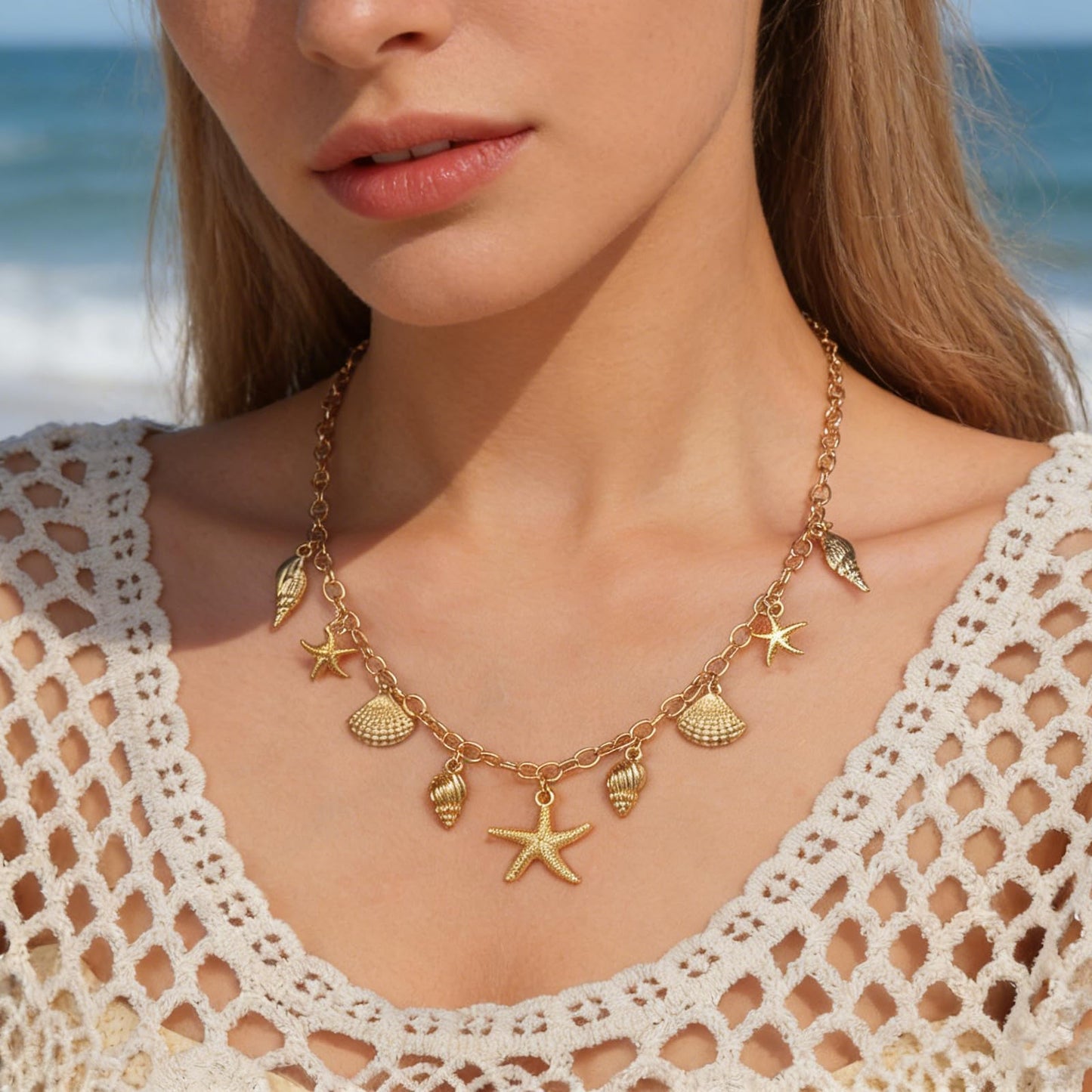 Seashell Charm Necklace for Women, Gold Starfish Beach Jewelry Coastal Vacation Outfits Accessories Summer Dresses Trendy 2026
