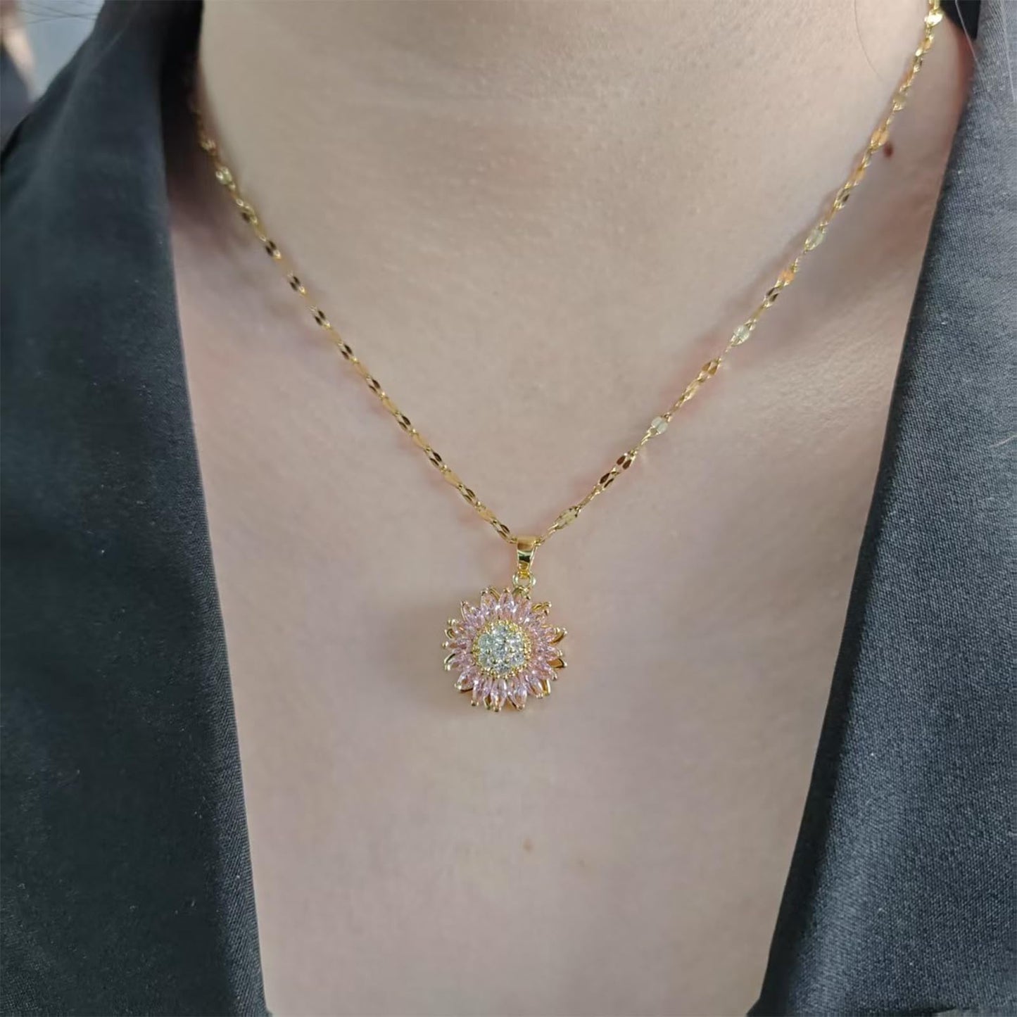 KONPJE Sunflower Fidget Necklace for Women Gold Moon Necklace Rotating Heart Necklaces Spinning Crystal Sunflower Anxiety Necklaces Crescent Moons Jewelry Accessories (Pink)