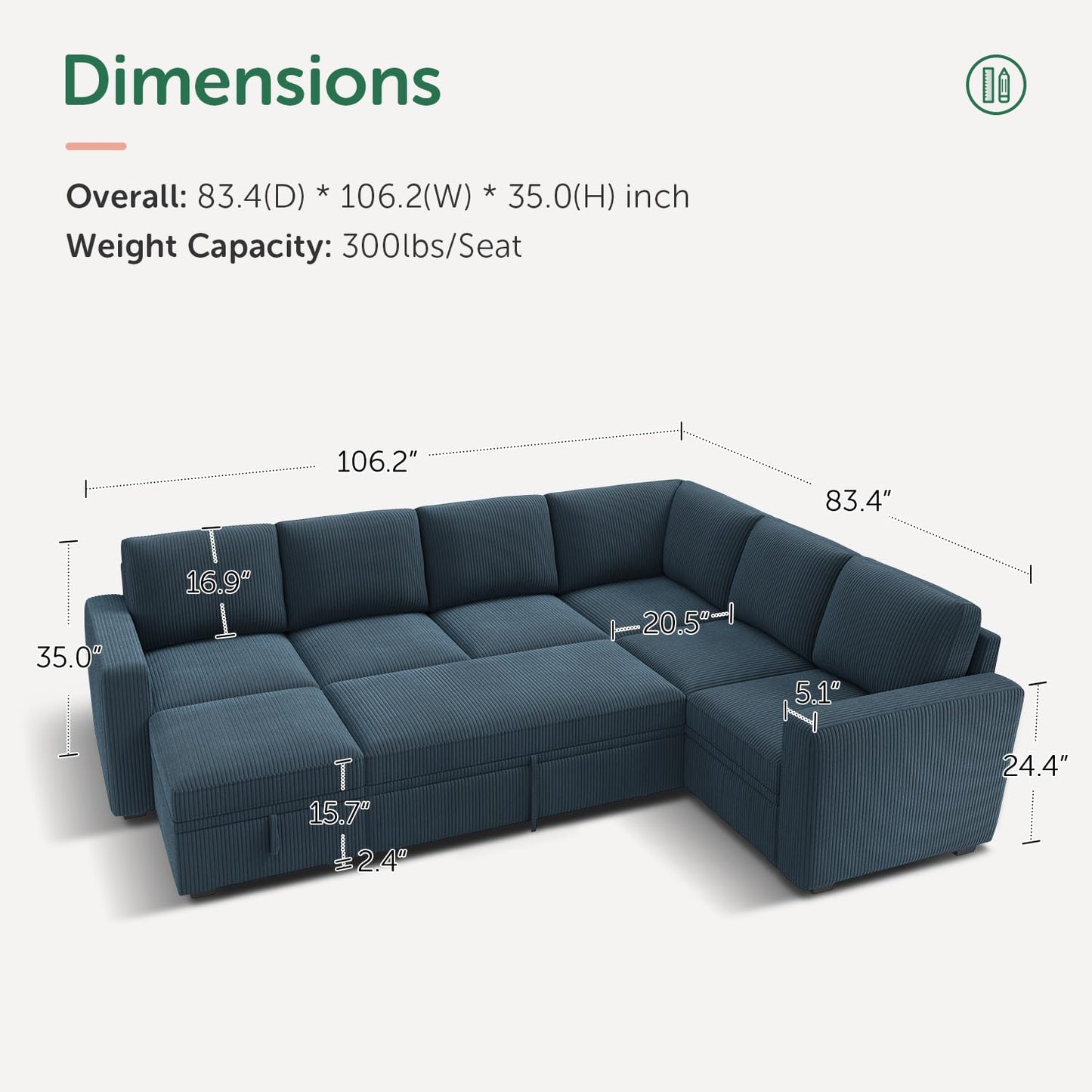HONBAY Modular Sectional Sleeper Sofa with Pull Out Bed, Corduroy Couch with Storage, U Shaped Sectional Couches for Living Room, Blue