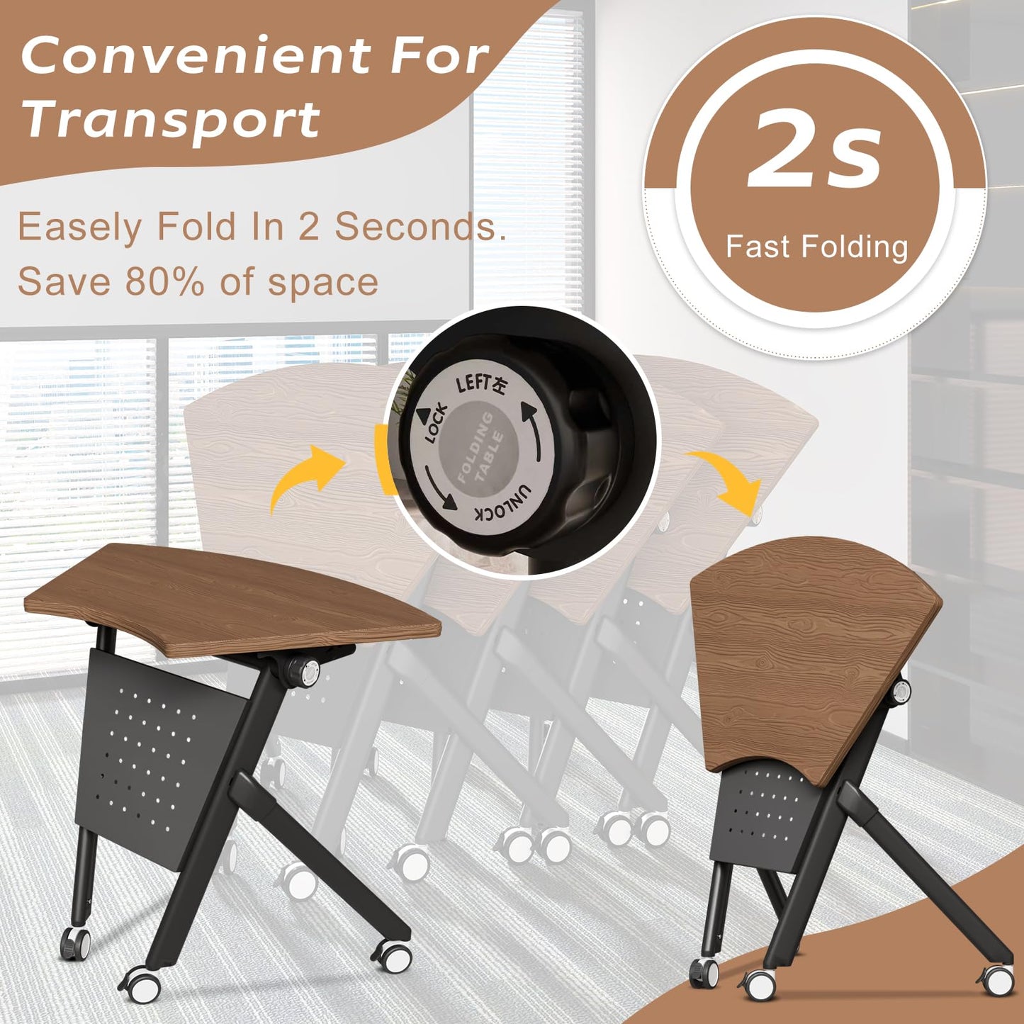 JFazzruit Folding Conference Table,Fan-Shaped Conference Room Tables with Wheels, Mobile Modular Seminar Meeting Desk for Classrooms,Office & Seminar (8, Fan-Walnut)