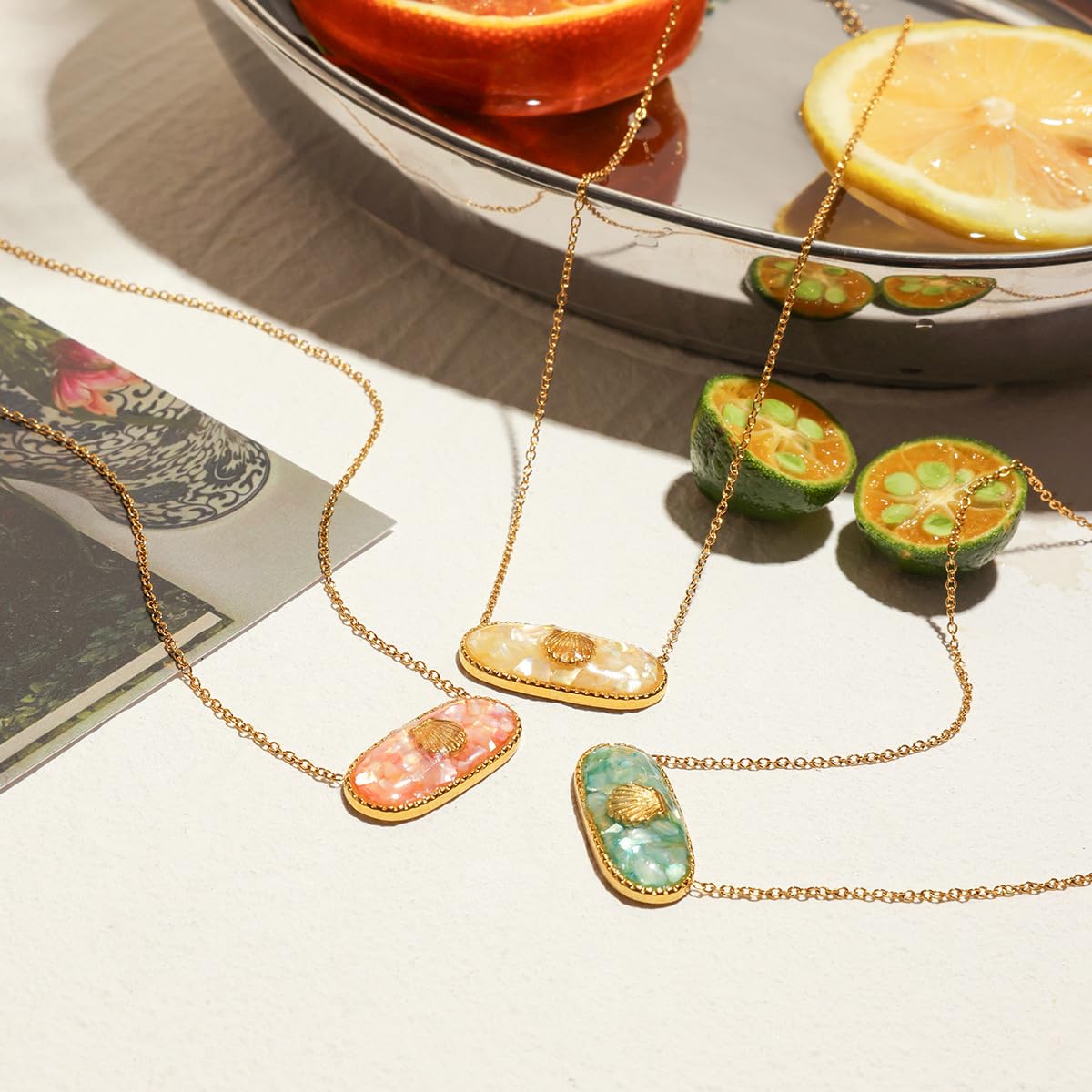 NUZON Enamel Seashell Pendant Necklace for Women Delicate 14K Gold Plated Chain Dangling Oval Inlay Yellow Shell Necklace Ocean Cute Jewelry Gift Adjustable 16''