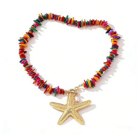 NOVYRA Chunky Gold Big Starfish Pendant Necklace for Women Boho Colorful Stone Chip Beaded Choker Necklaces Green Coral Large Sea Star Statement Pendant Necklaces Fashion Beach Jewelry for Women (AA)