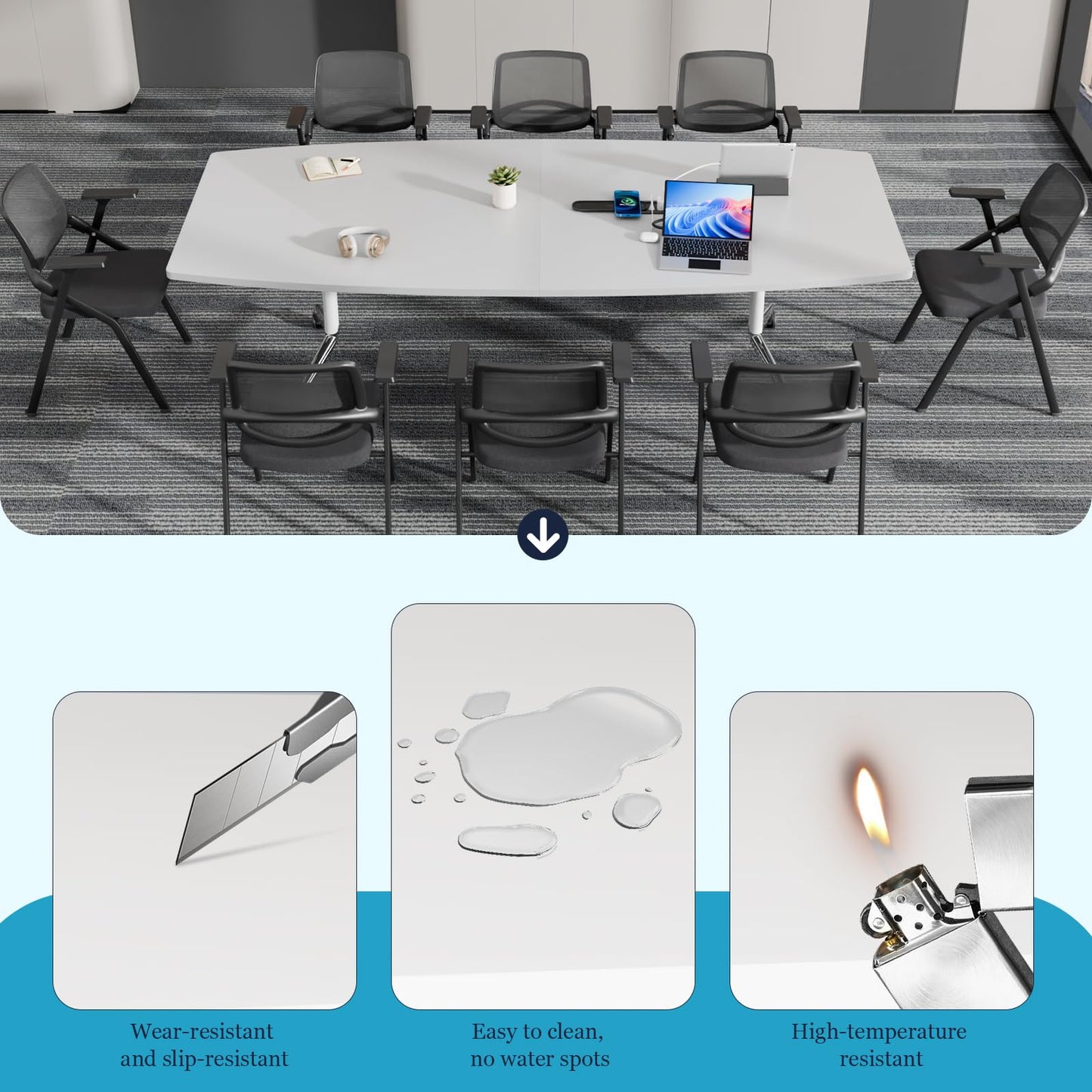 7.5 FT Large Folding Conference Table,Training Seminar Tables for 6-8 People,Built-in Wireless Charger and Power Box,Metal Legs Rolling Training Table for Office (1, White, 90.5"L×35.4“W×29.5"H)