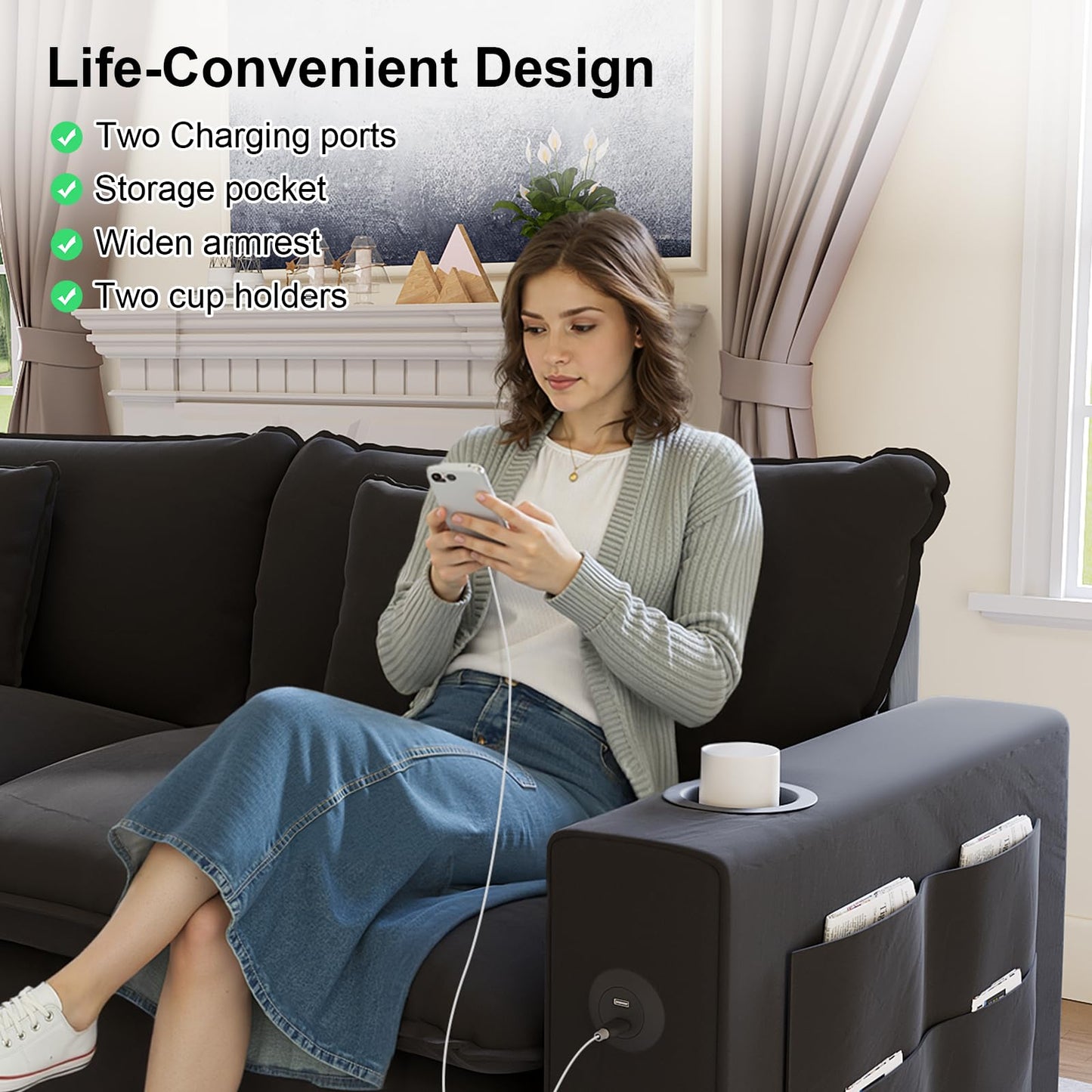 KCGKCG 152" Modular Sectional Sofa, L Shaped Cloud Couch with Movable Ottoman, Chenille Deep Seat Cloud Sofa with Charging Station, Cup Holder, Side Pocket, Sectional Couches for Living Room, Black