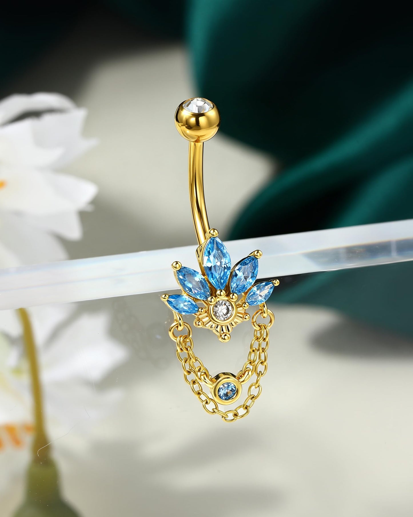 COCHARM Blue Lotus Belly Button Rings, 14G 5A CZ Navel Rings for Women, Dangle Belly Navel Piercing Jewelry Stainless Steel