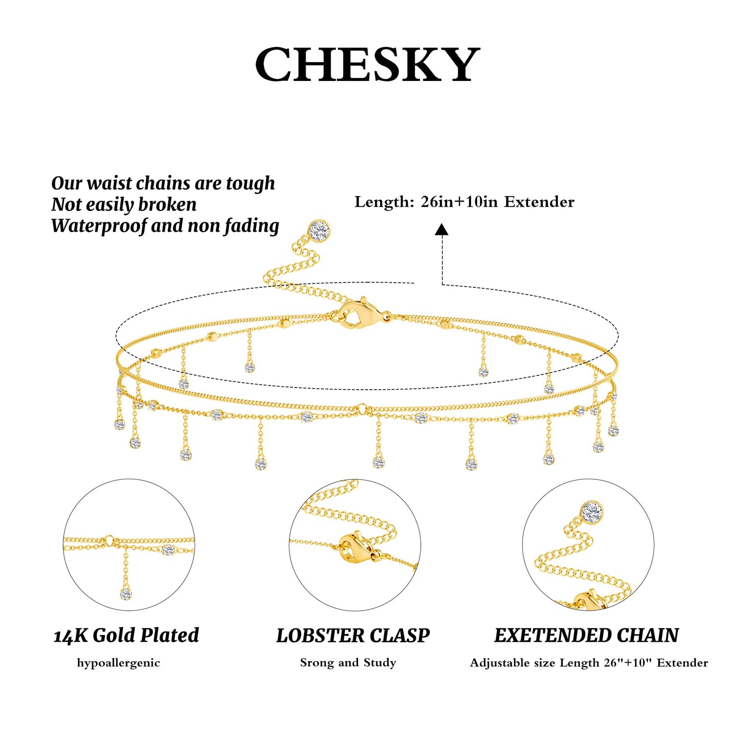 CHESKY Gold Waist Chain for Women Trendy, Dainty 14k Gold Plated Layered Belly Chain Adjustable Waterproof Sexy Bikini Cuban CZ Chain Hypoallergenic Non Tarnish Body Chain Jewelry for Women Gifts