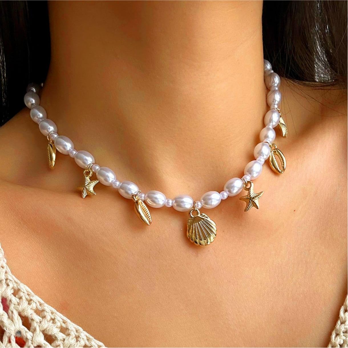 Shell Starfish Necklace for Women Gold Plated Pendant Pearl Necklace Boho Beaded Dainty Adjustable Necklaces Shell Conch Summer Beach Cuff Jewelry Accessories