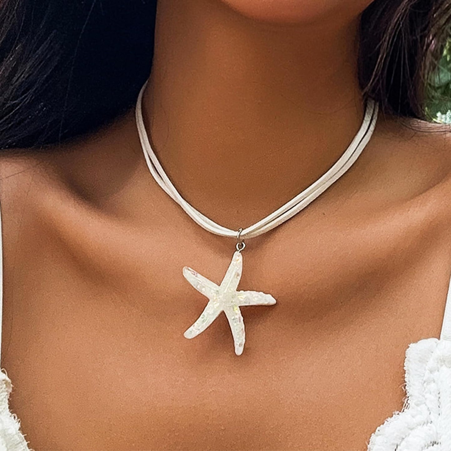 Decixde Starfish Necklace for Women Beach Pendant Necklace White Blue Silver Gold Starfish Necklace Boho Choker Necklace Summer Beach Jewelry for Women (white)